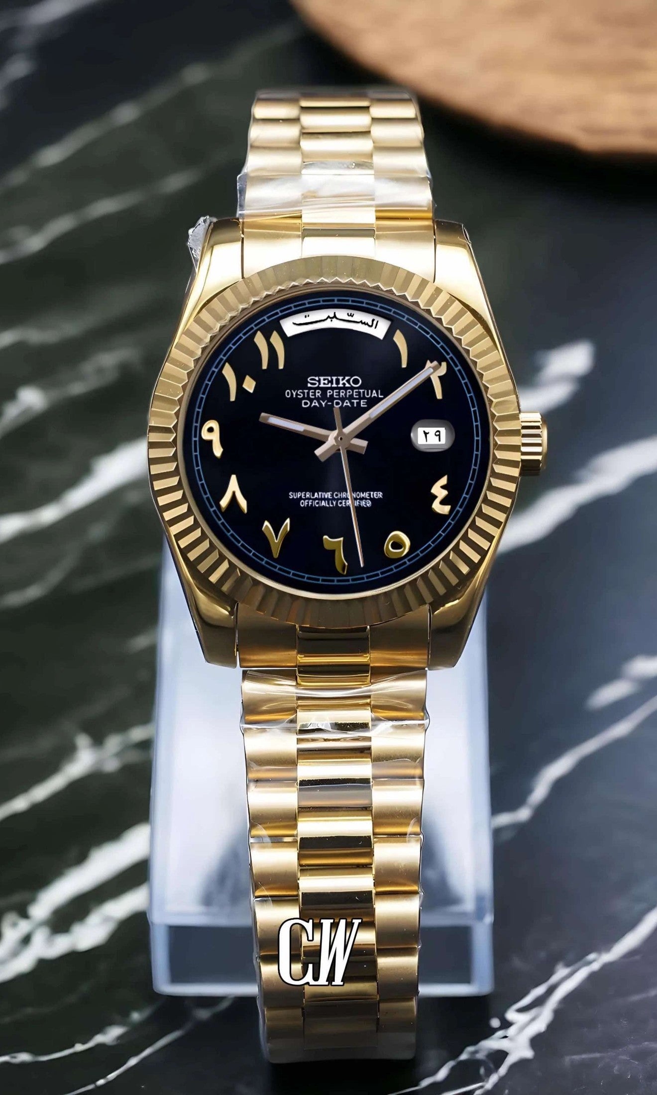 Seikojust mod daydate black gold arabic automatic watch - Circa Watch Labs seiko mod