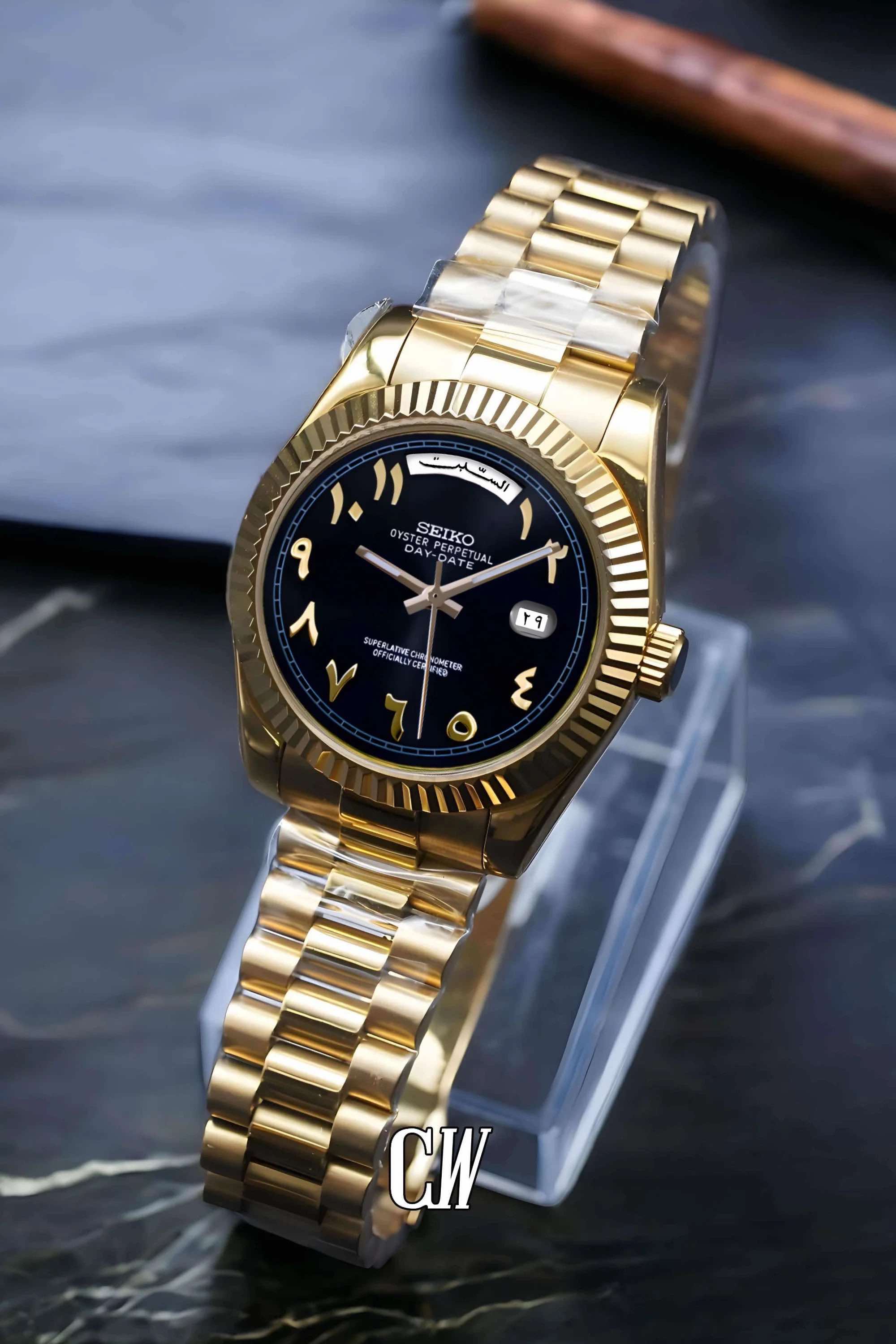 Seikojust mod daydate black gold arabic automatic watch - Circa Watch Labs seiko mod