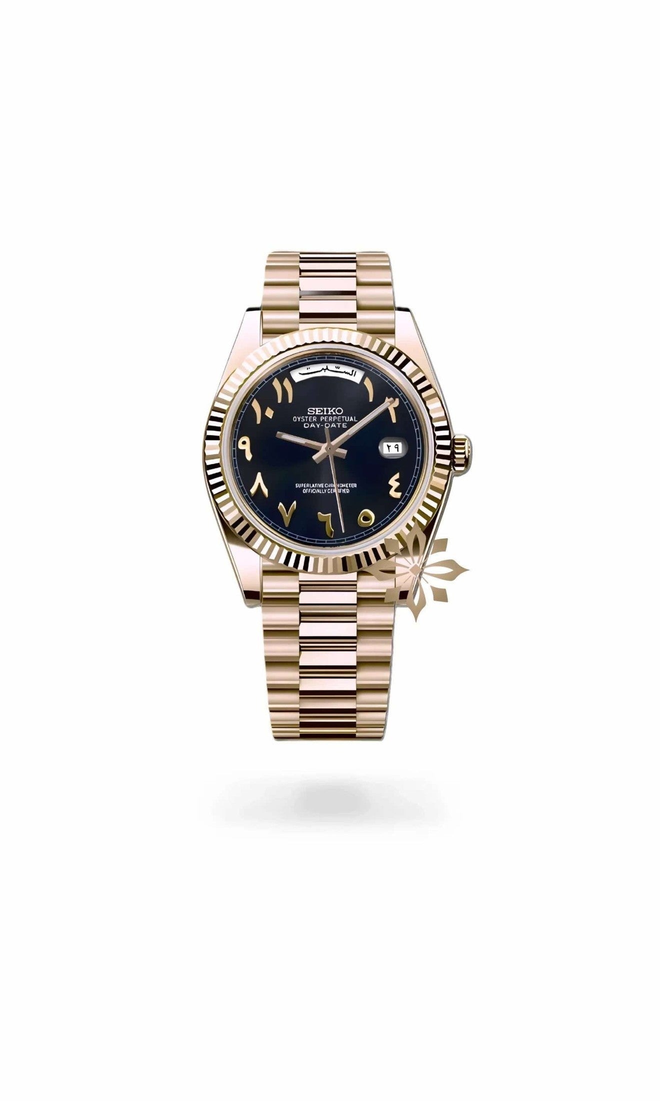 Seikojust mod daydate black gold arabic automatic watch - Circa Watch Labs