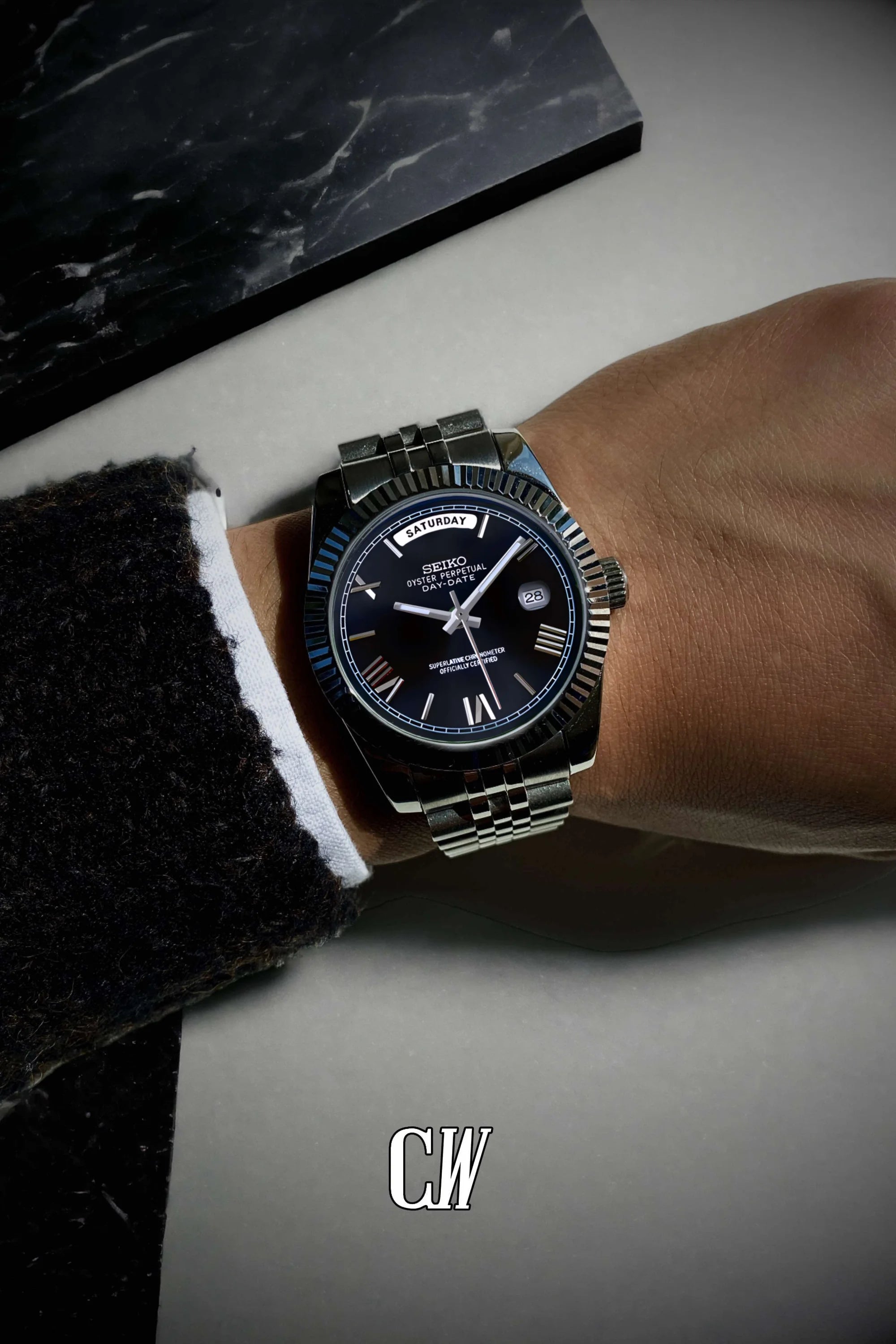 Seikojust mod daydate black roman numeral automatic watch - Circa Watch Labs seiko mod