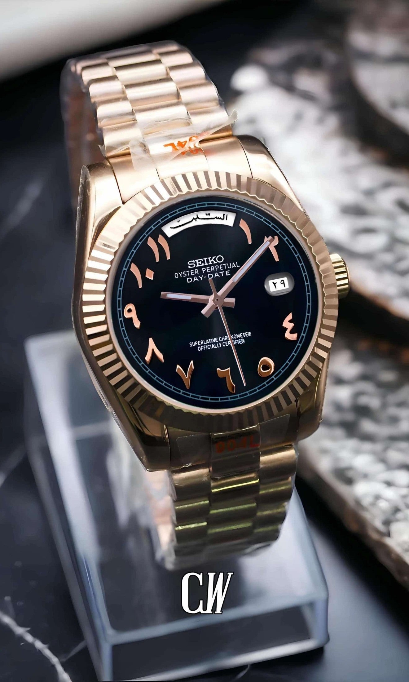 Seikojust mod daydate black rose gold arabic automatic watch - Circa Watch Labs