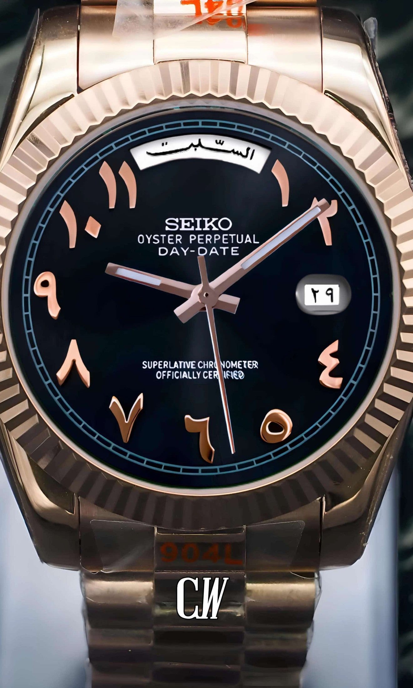 Seikojust mod daydate black rose gold arabic automatic watch - Circa Watch Labs seiko mod