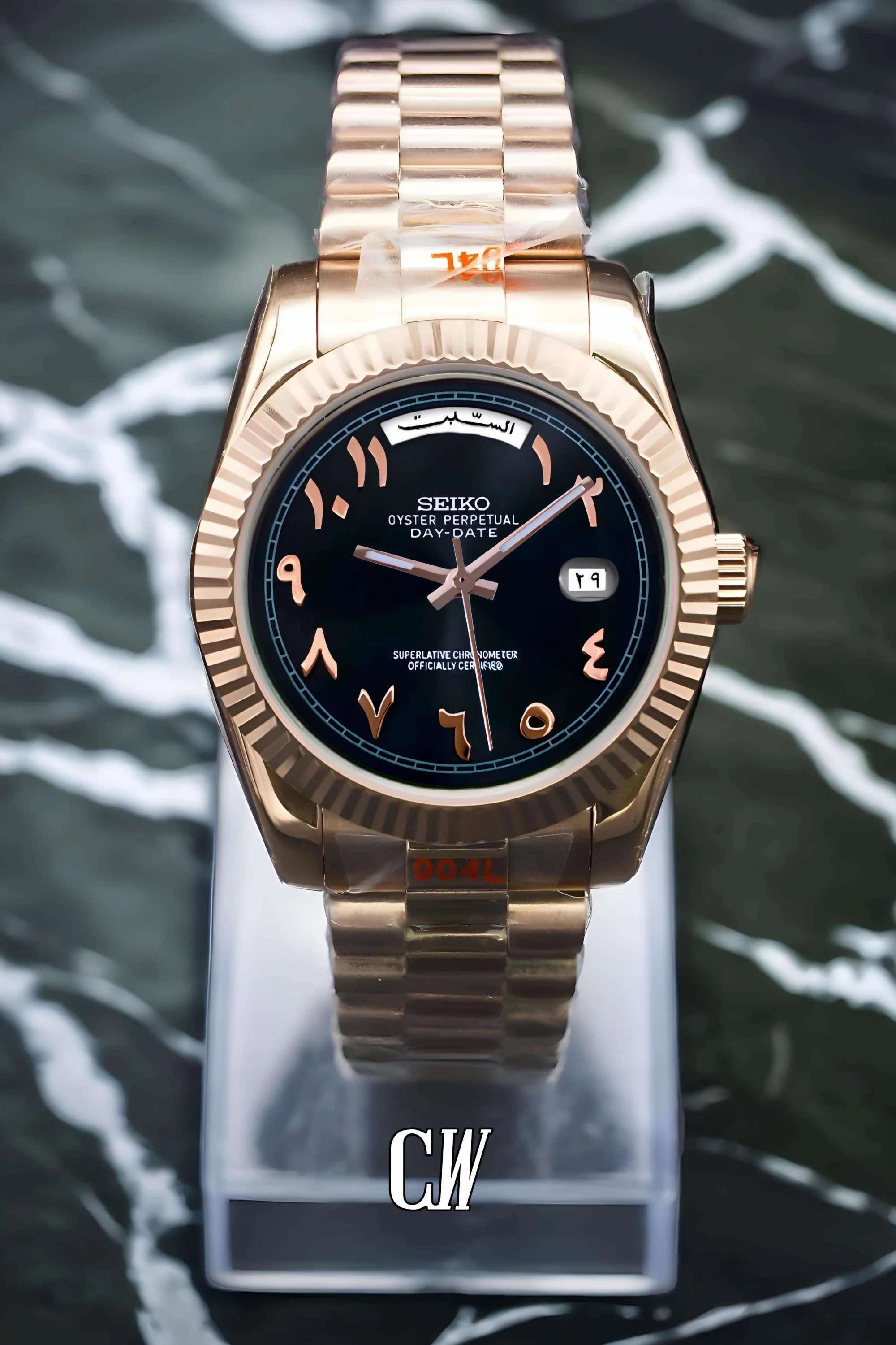 Seikojust mod daydate black rose gold arabic automatic watch