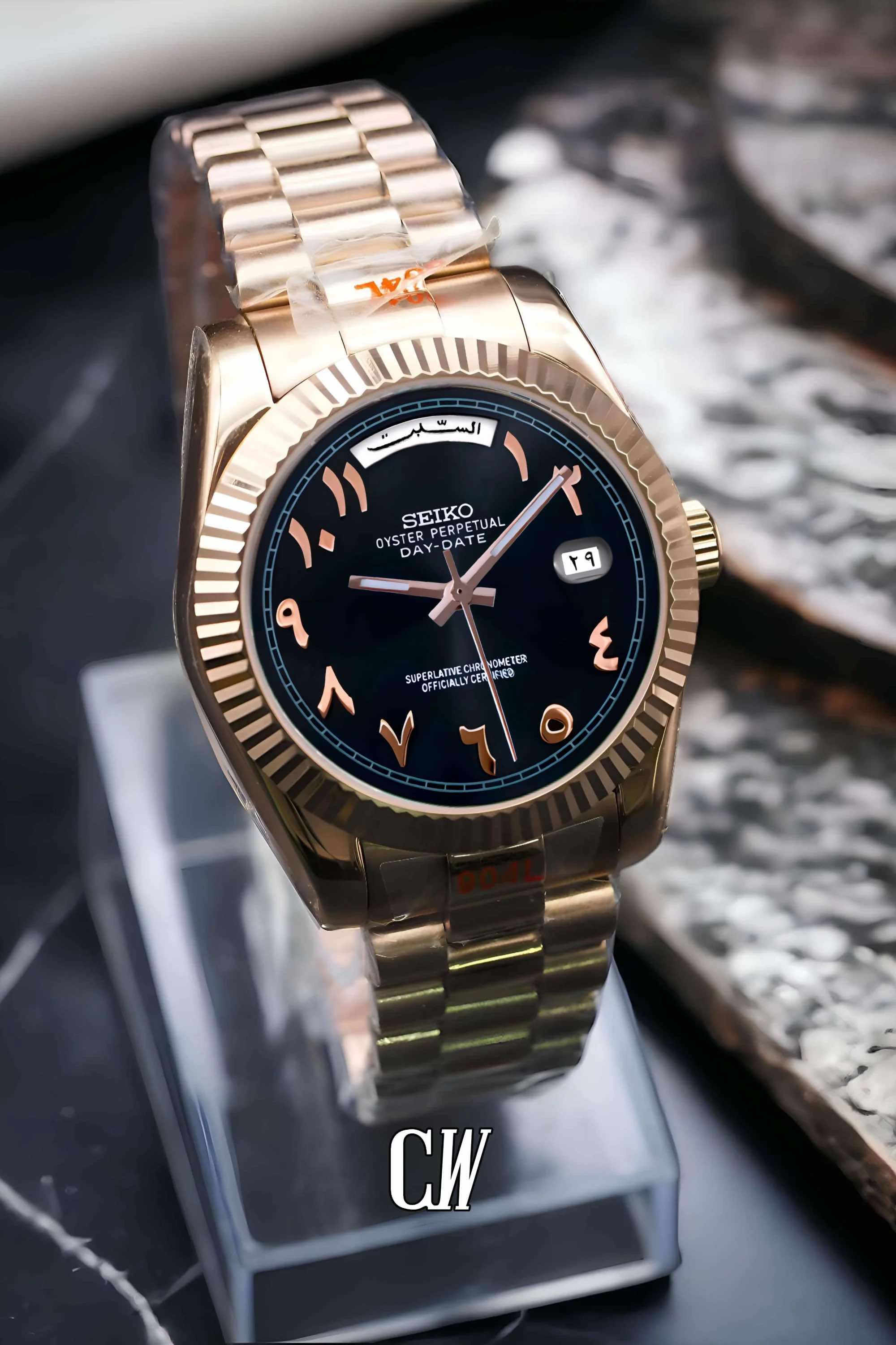 Seikojust mod daydate black rose gold arabic automatic watch