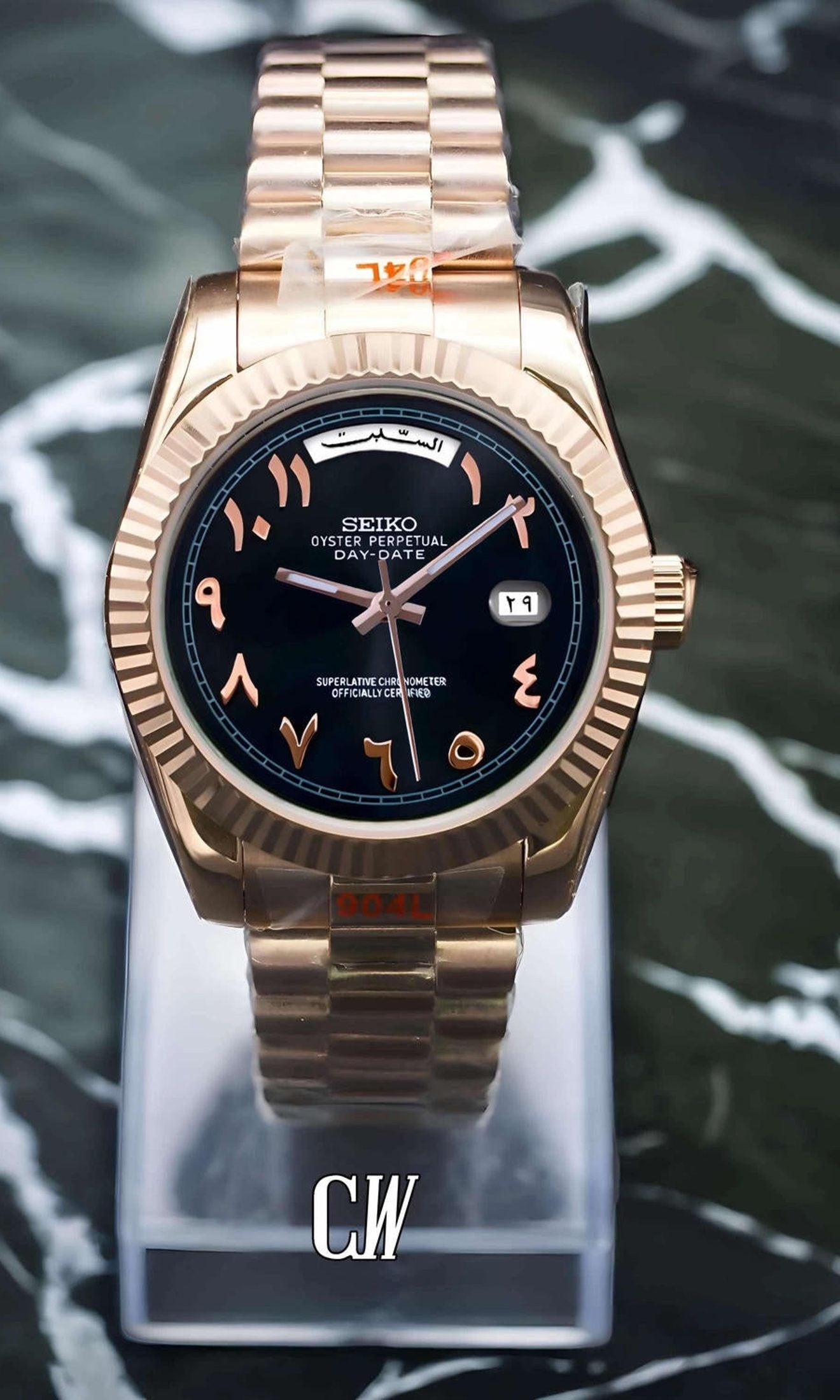 Seikojust mod daydate black rose gold arabic automatic watch - Circa Watch Labs seiko mod