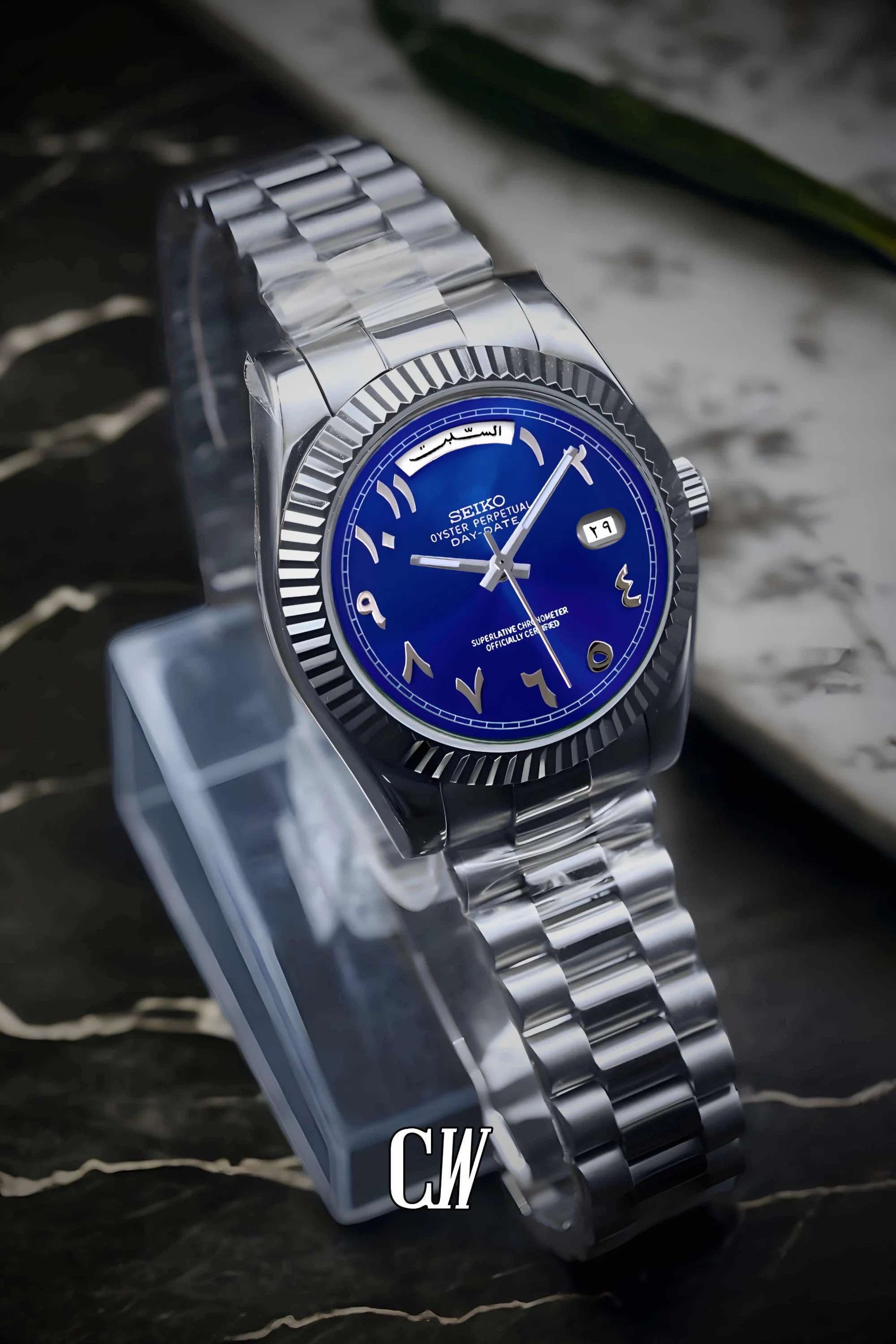 Seikojust mod daydate blue arabic automatic watch - Circa Watch Labs seiko mod
