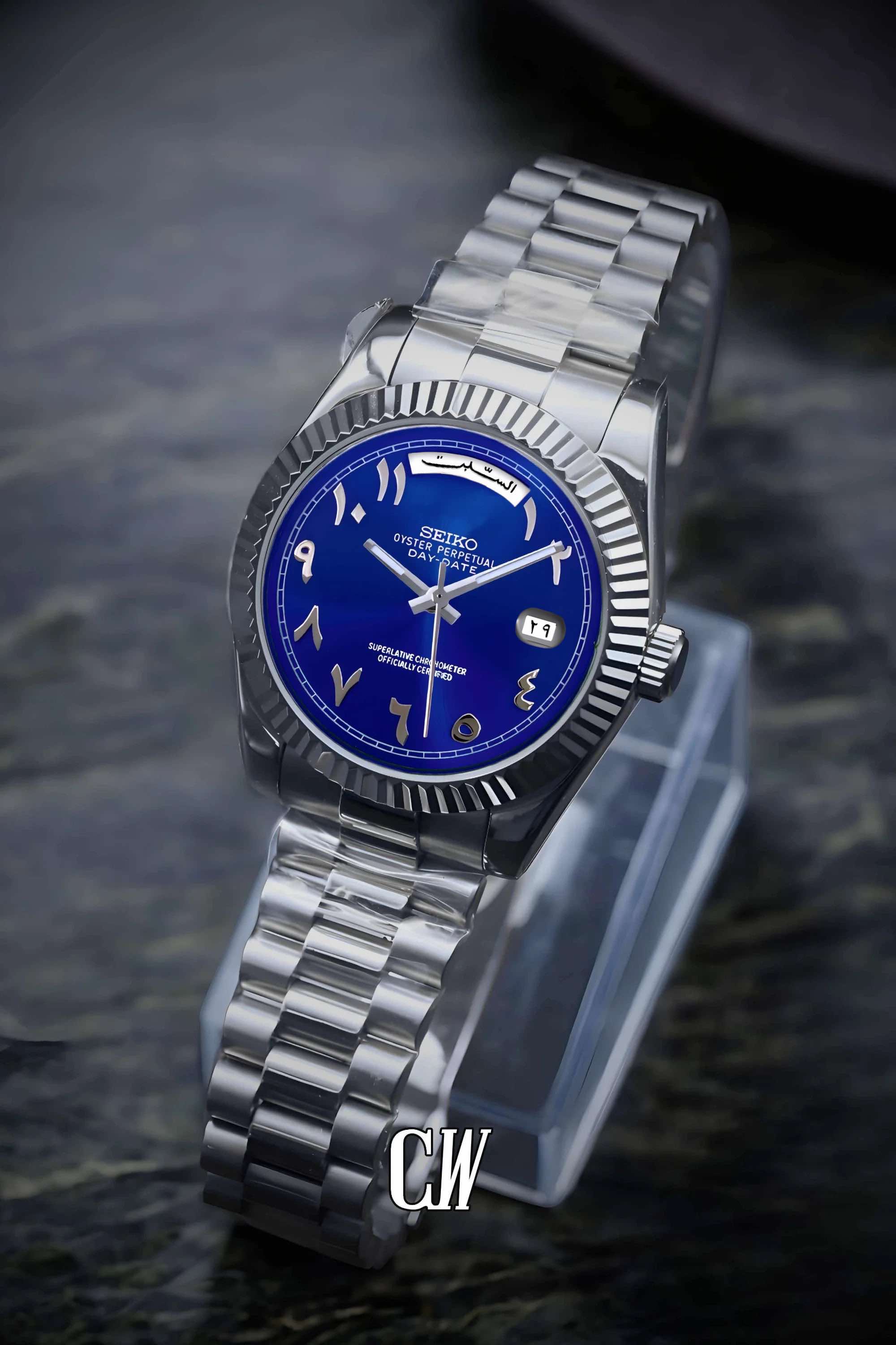 Seikojust mod daydate blue arabic automatic watch - Circa Watch Labs seiko mod