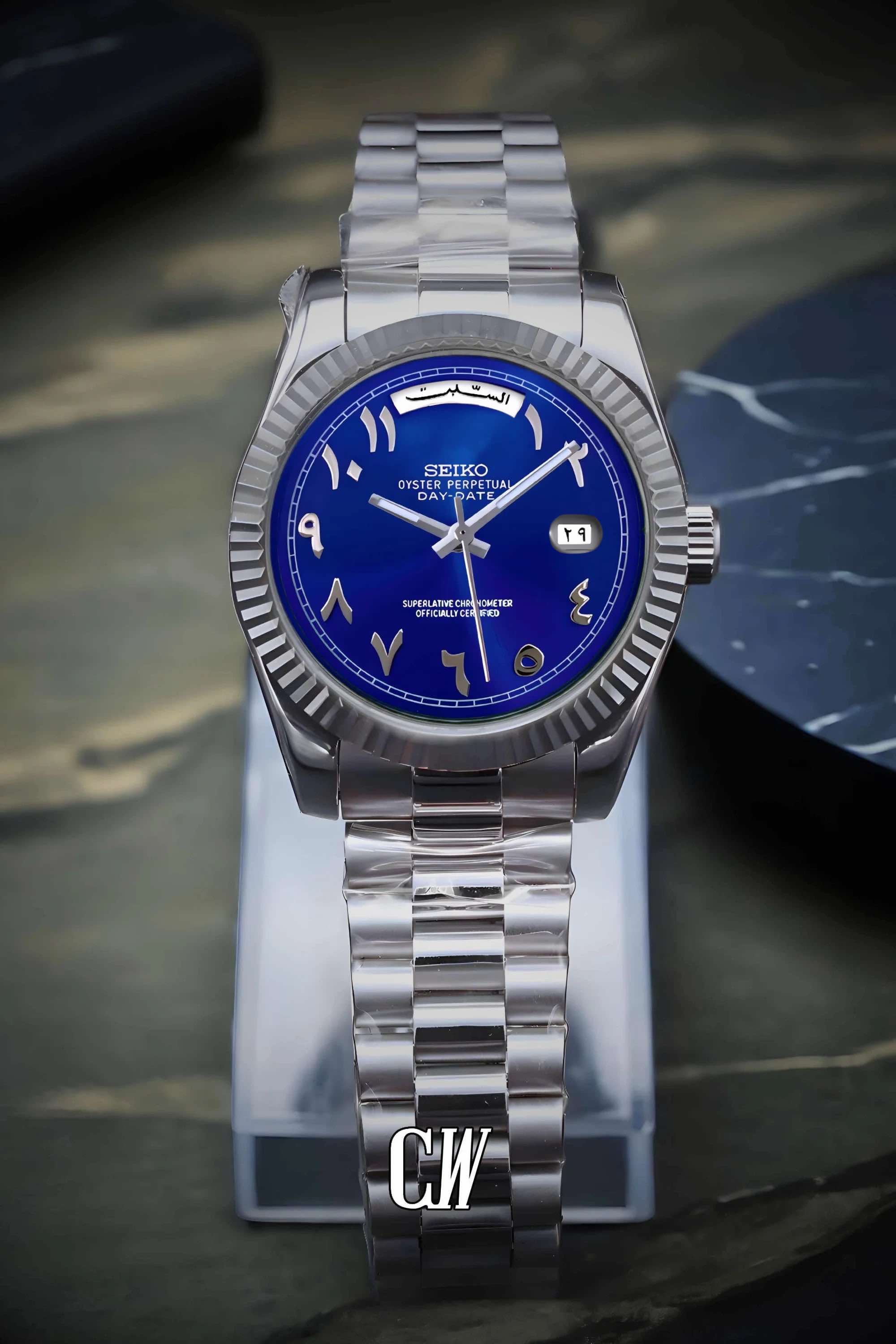 Seikojust mod daydate blue arabic automatic watch - Circa Watch Labs seiko mod