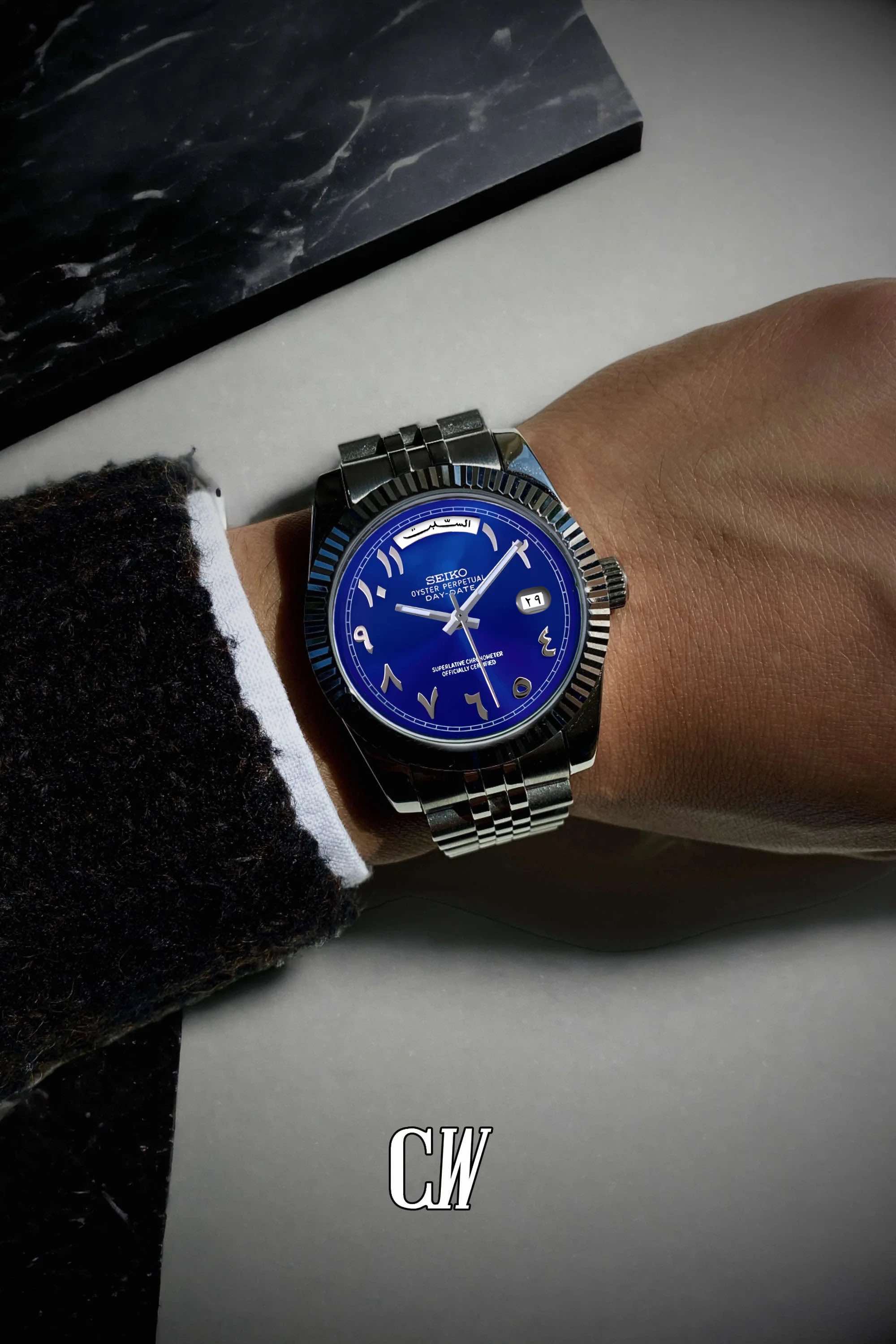 Seikojust mod daydate blue arabic automatic watch - Circa Watch Labs seiko mod