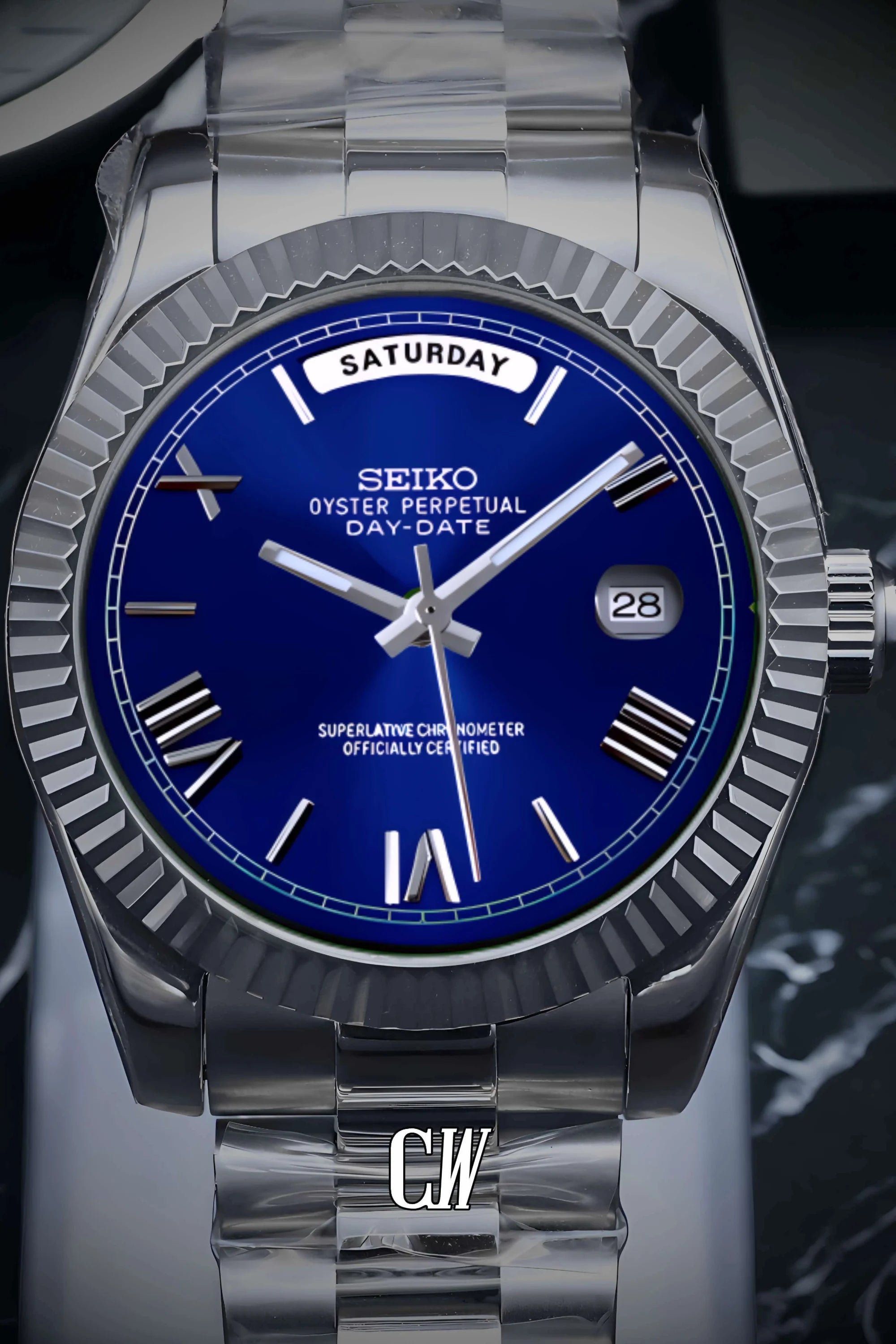 Seikojust mod daydate blue roman numeral automatic watch - Circa Watch Labs seiko mod