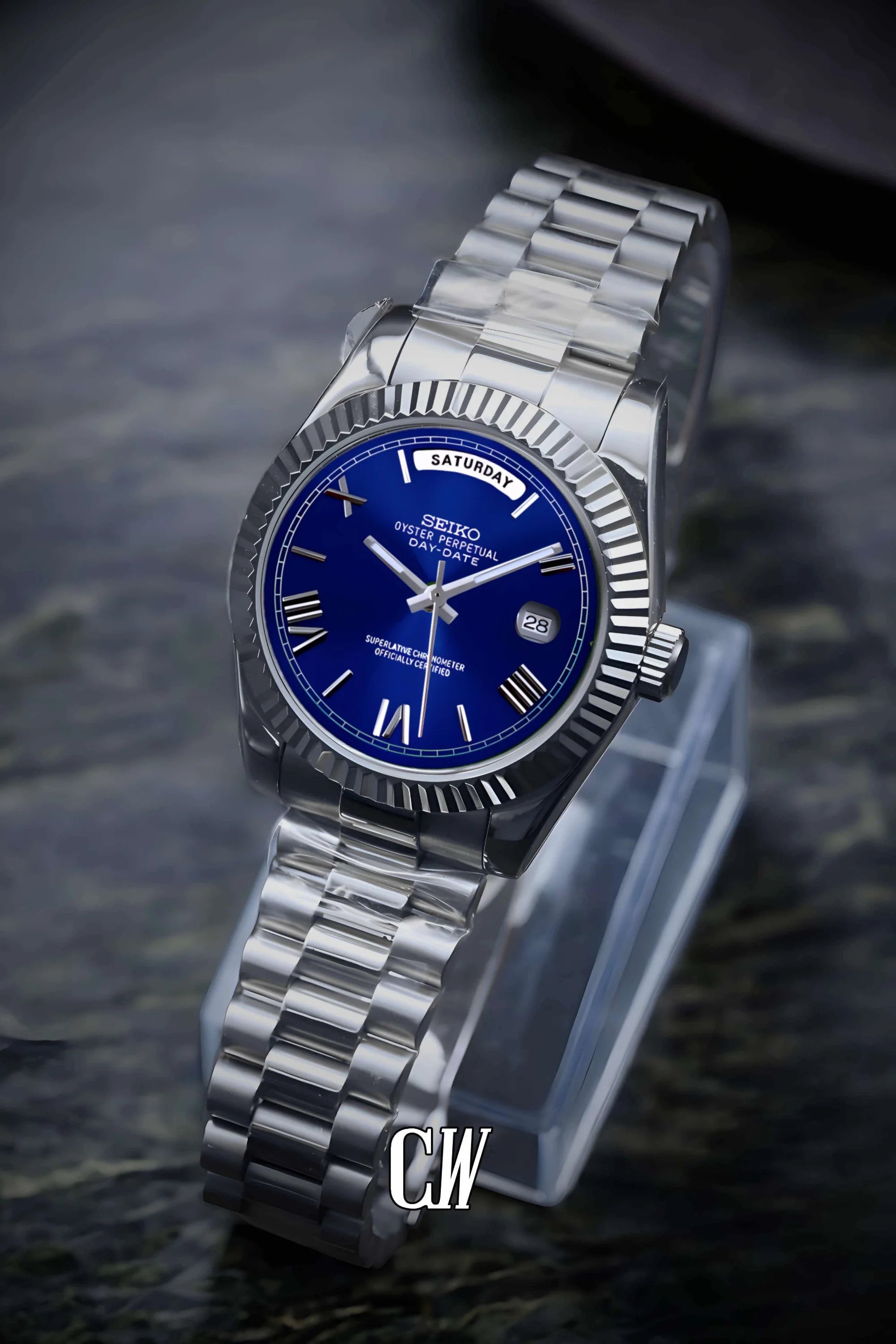 Seikojust mod daydate blue roman numeral automatic watch - Circa Watch Labs seiko mod