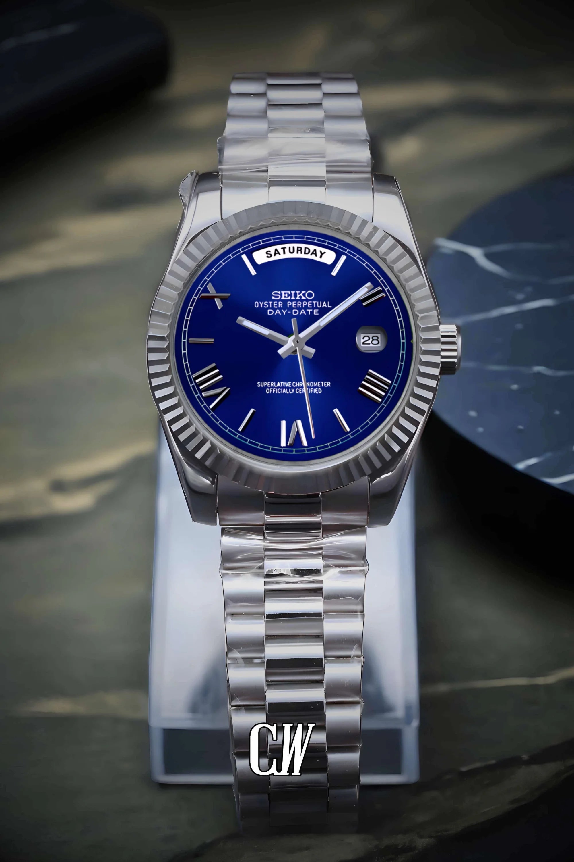 Seikojust mod daydate blue roman numeral automatic watch - Circa Watch Labs seiko mod