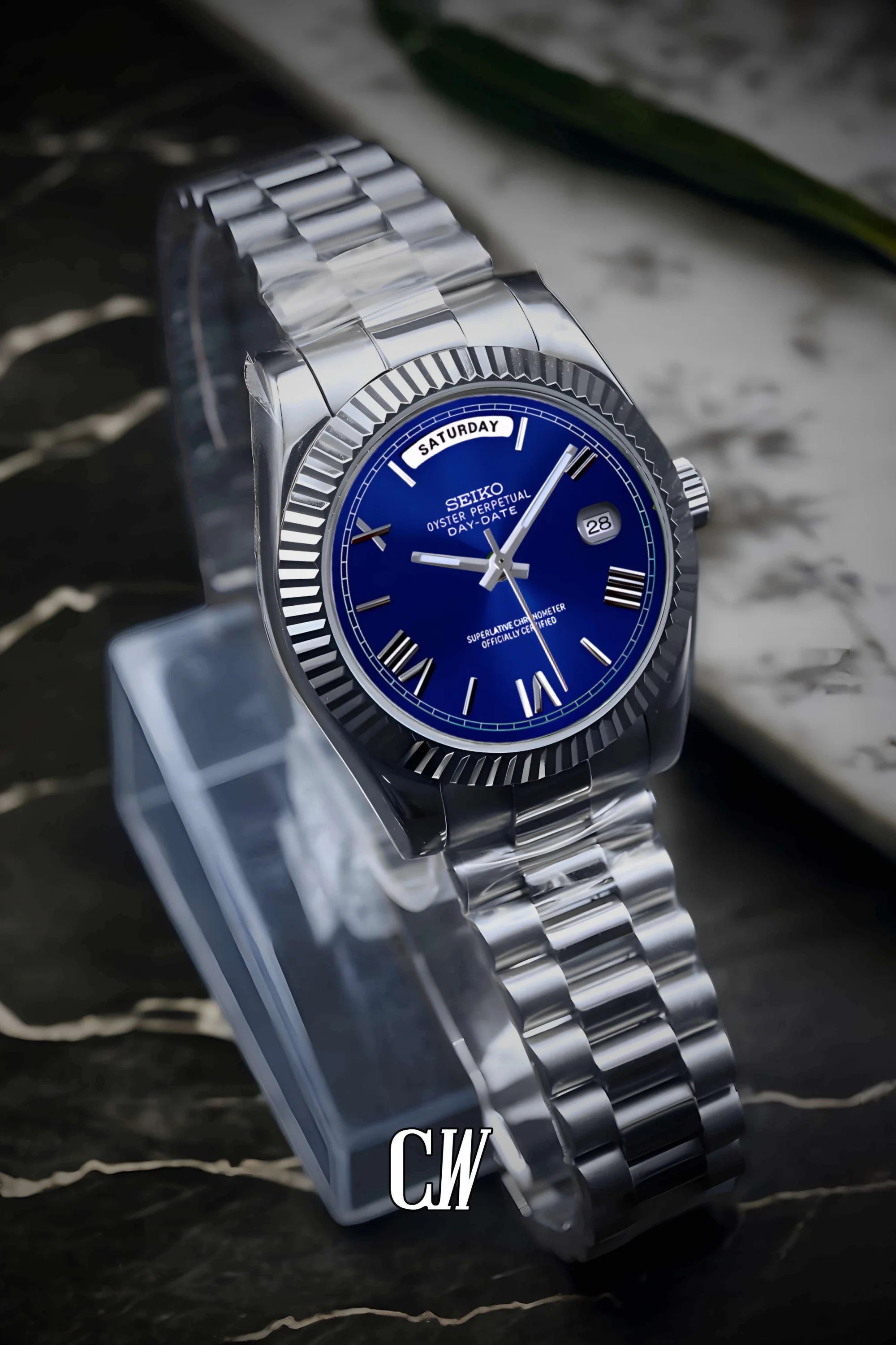 Seikojust mod daydate blue roman numeral automatic watch - Circa Watch Labs seiko mod