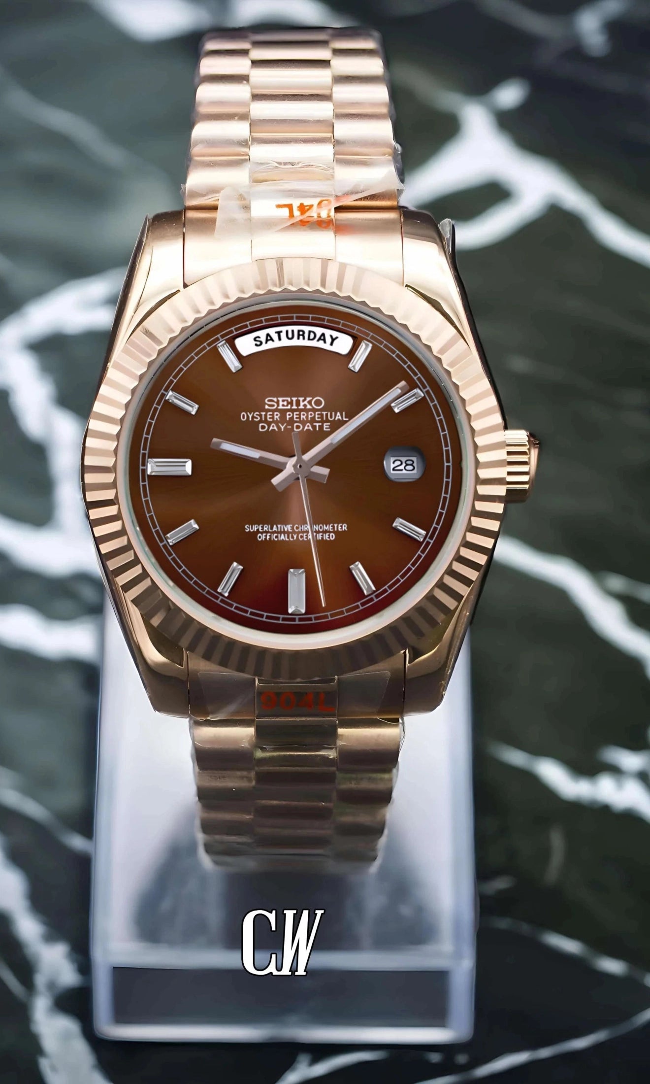 Seikojust mod daydate chocolate baguette dial automatic watch - Circa Watch Labs seiko mod