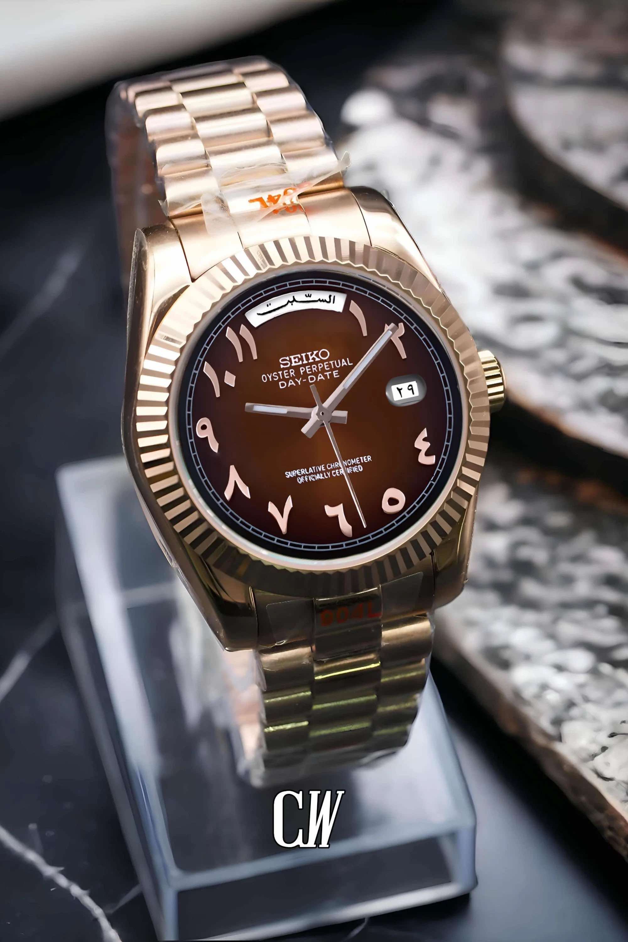Seikojust mod daydate chocolate rose gold arabic dial automatic watch - Circa Watch Labs