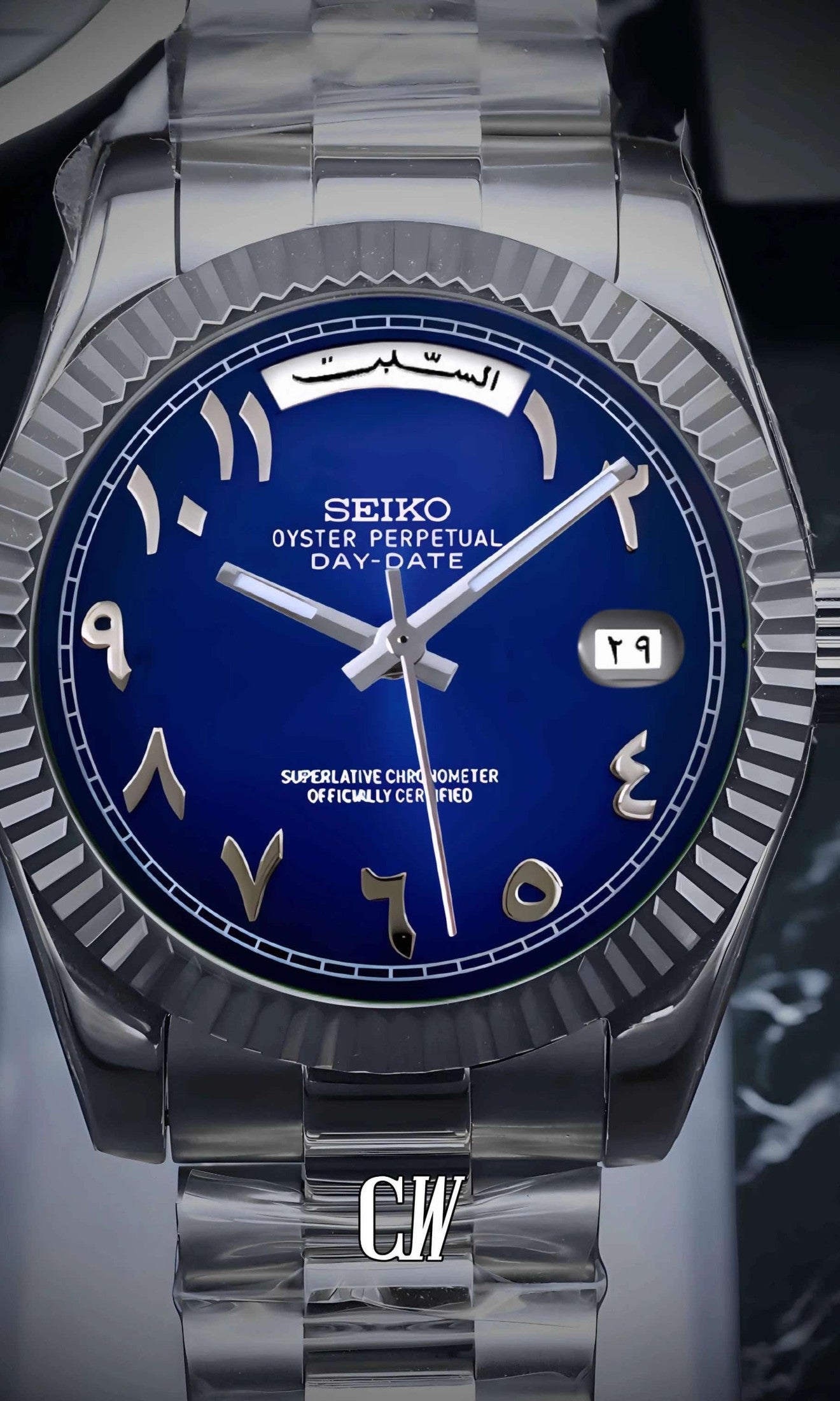 Seikojust mod daydate dark blue arabic automatic watch - Circa Watch Labs