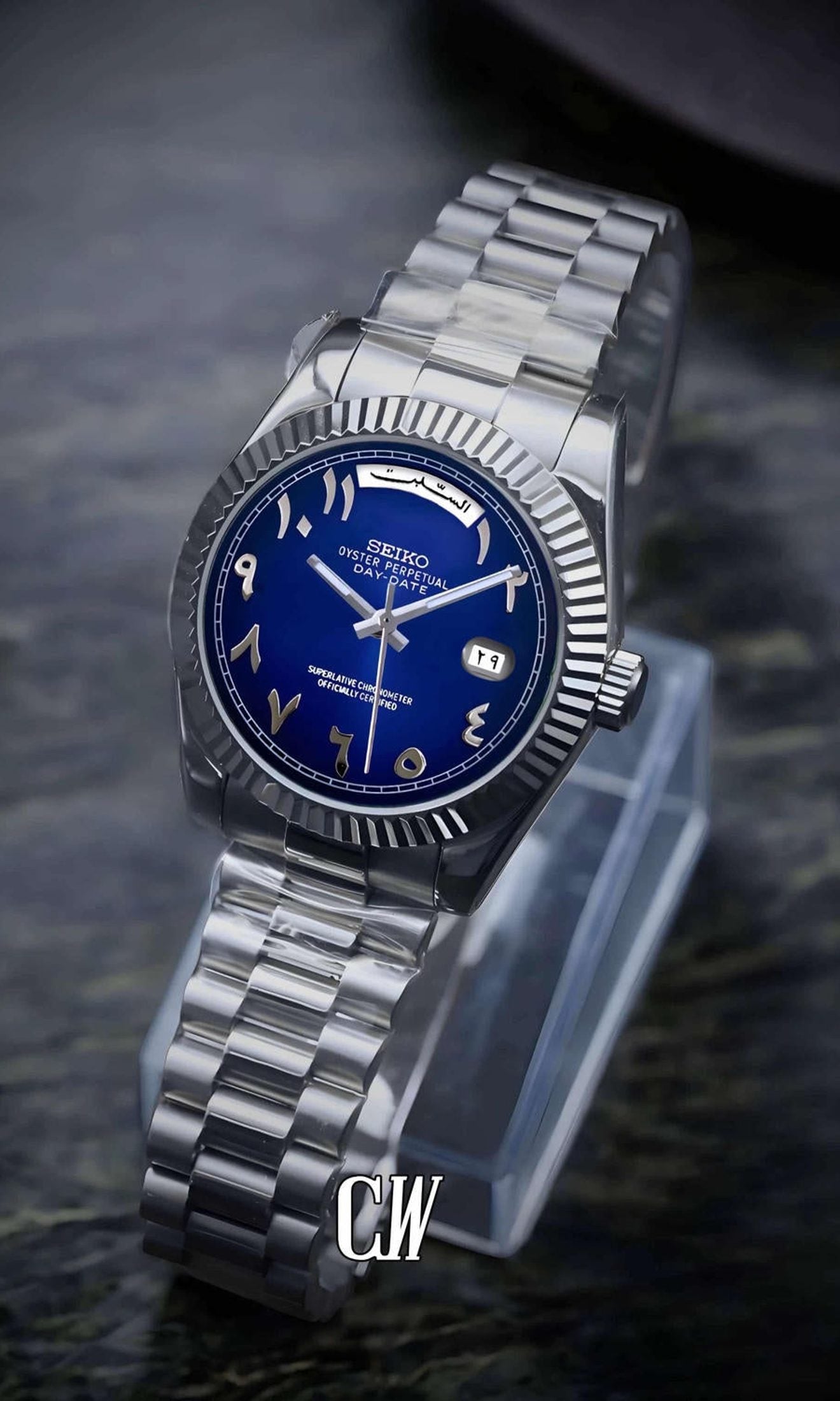 Seikojust mod daydate dark blue arabic automatic watch - Circa Watch Labs