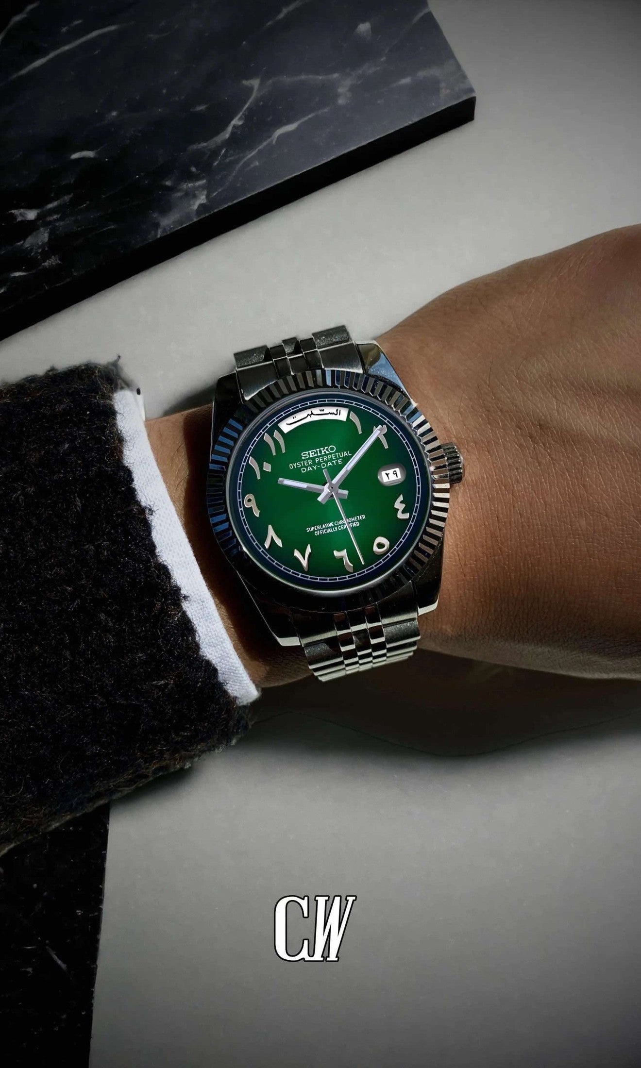 Seikojust mod daydate dark green arabic automatic watch - Circa Watch Labs