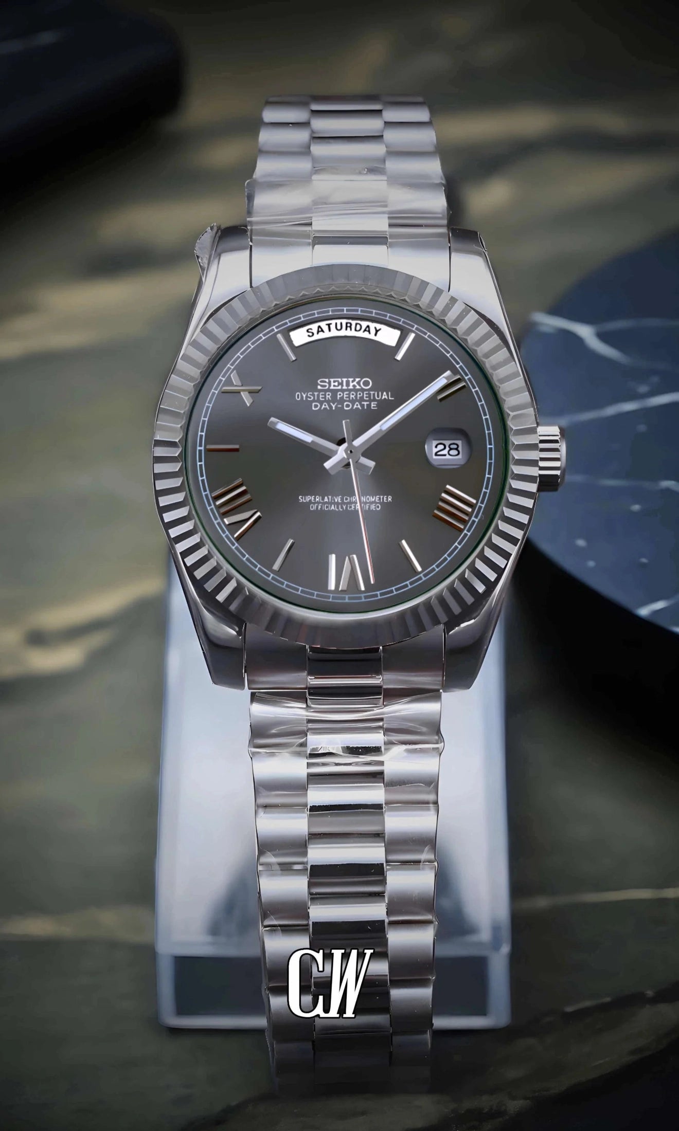 Seikojust mod daydate grey roman numeral automatic watch - Circa Watch Labs seiko mod