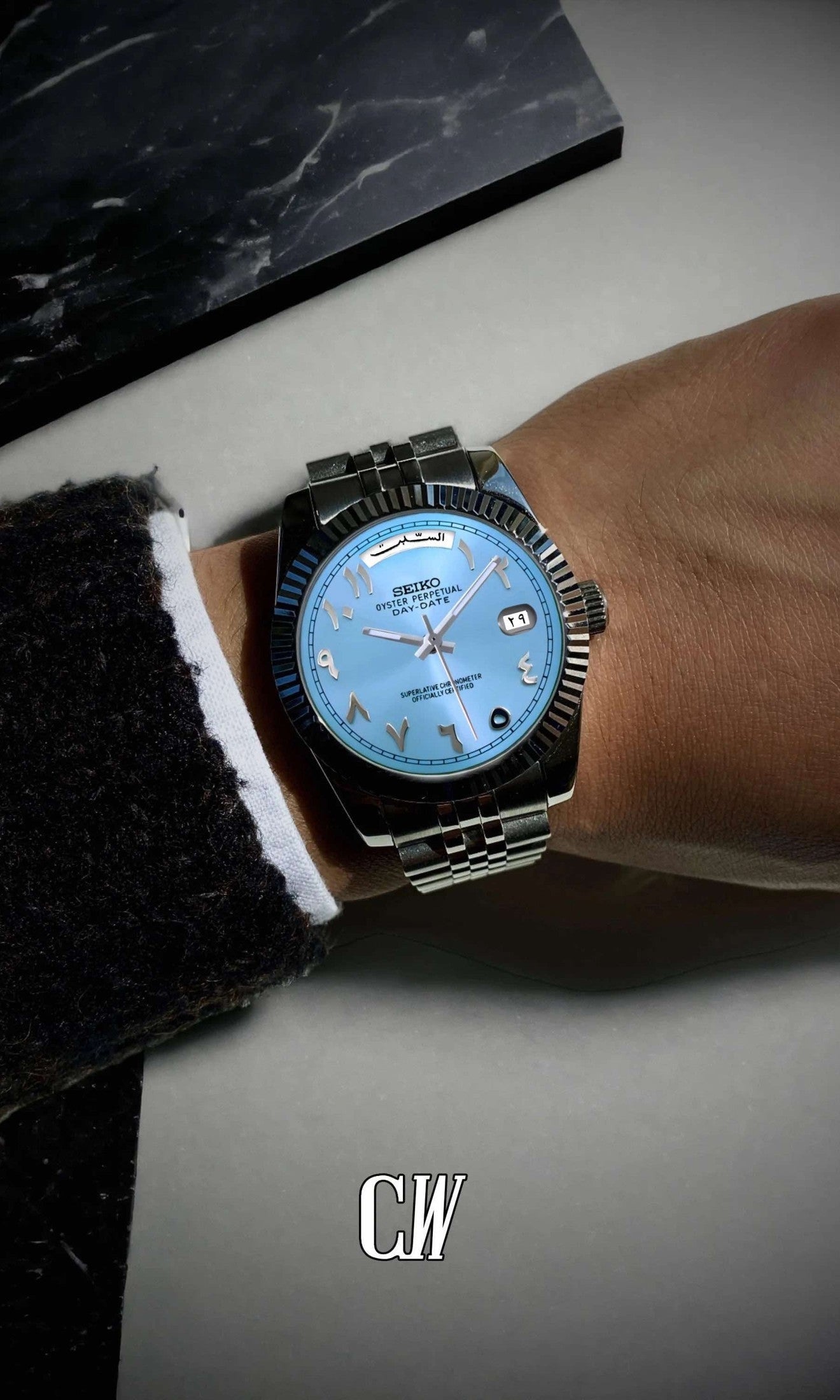 Seikojust mod daydate ice blue arabic automatic watch - Circa Watch Labs