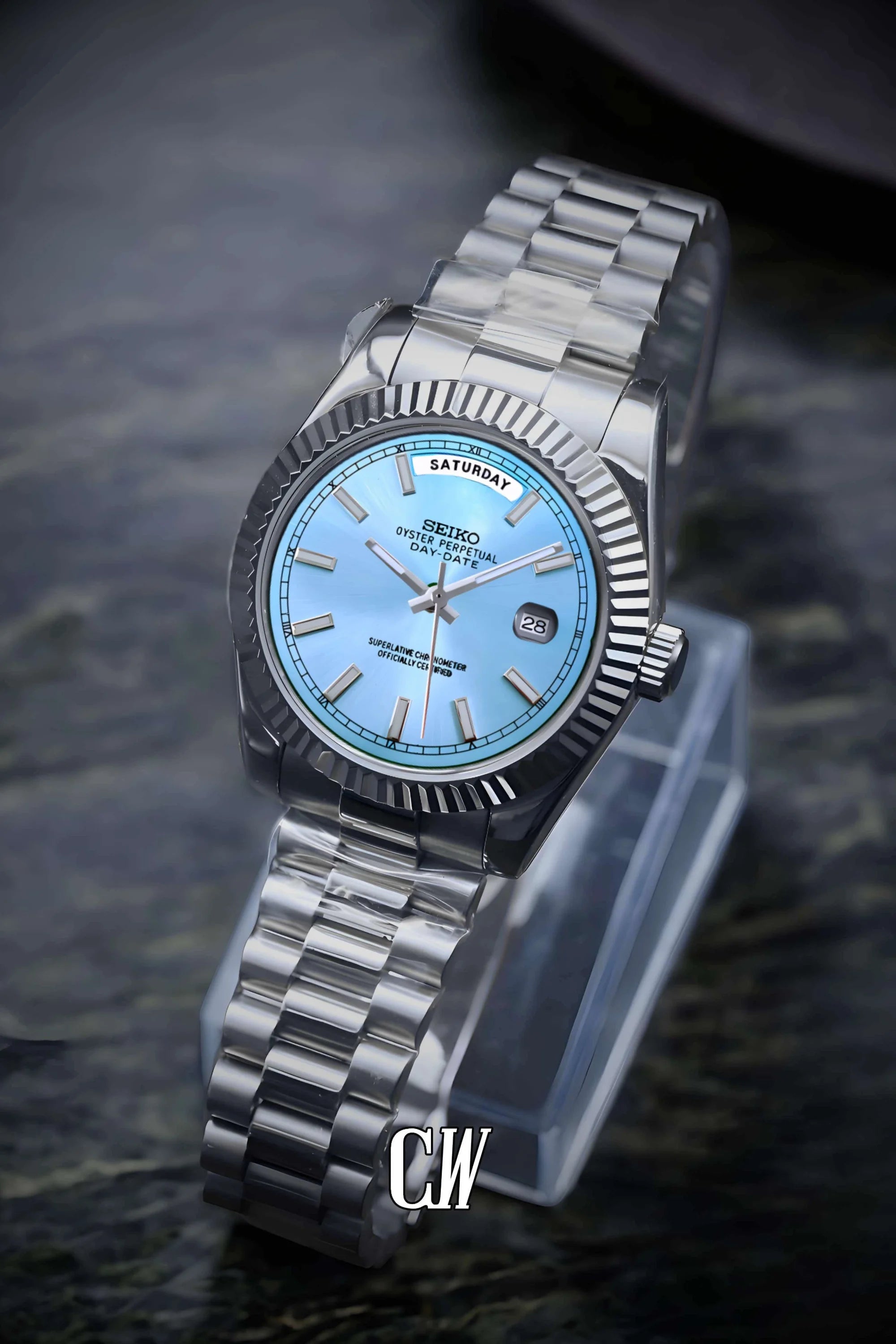Seikojust mod daydate ice blue automatic watch - Circa Watch Labs seiko mod