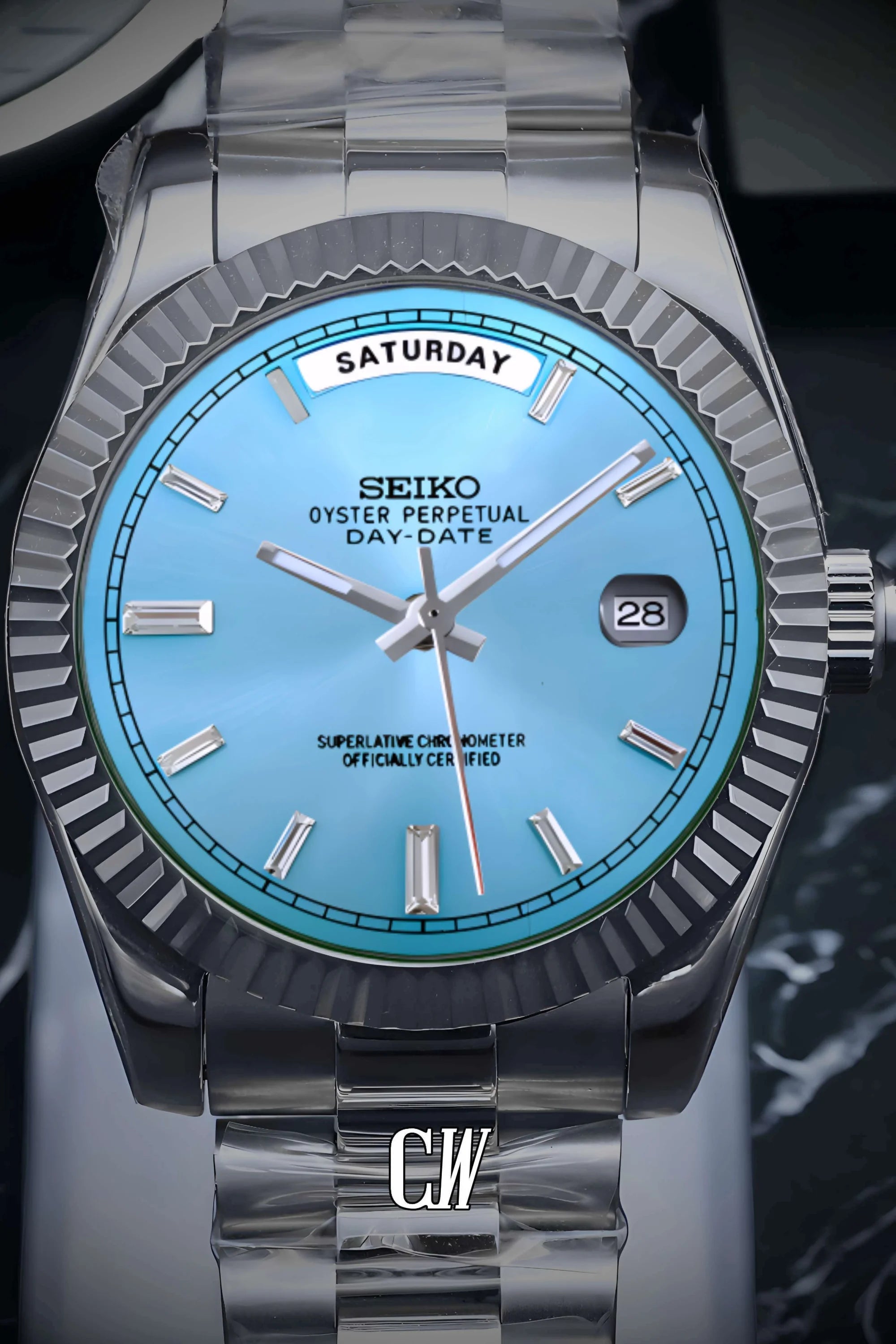 Seikojust mod daydate ice blue baguette automatic watch - Circa Watch Labs