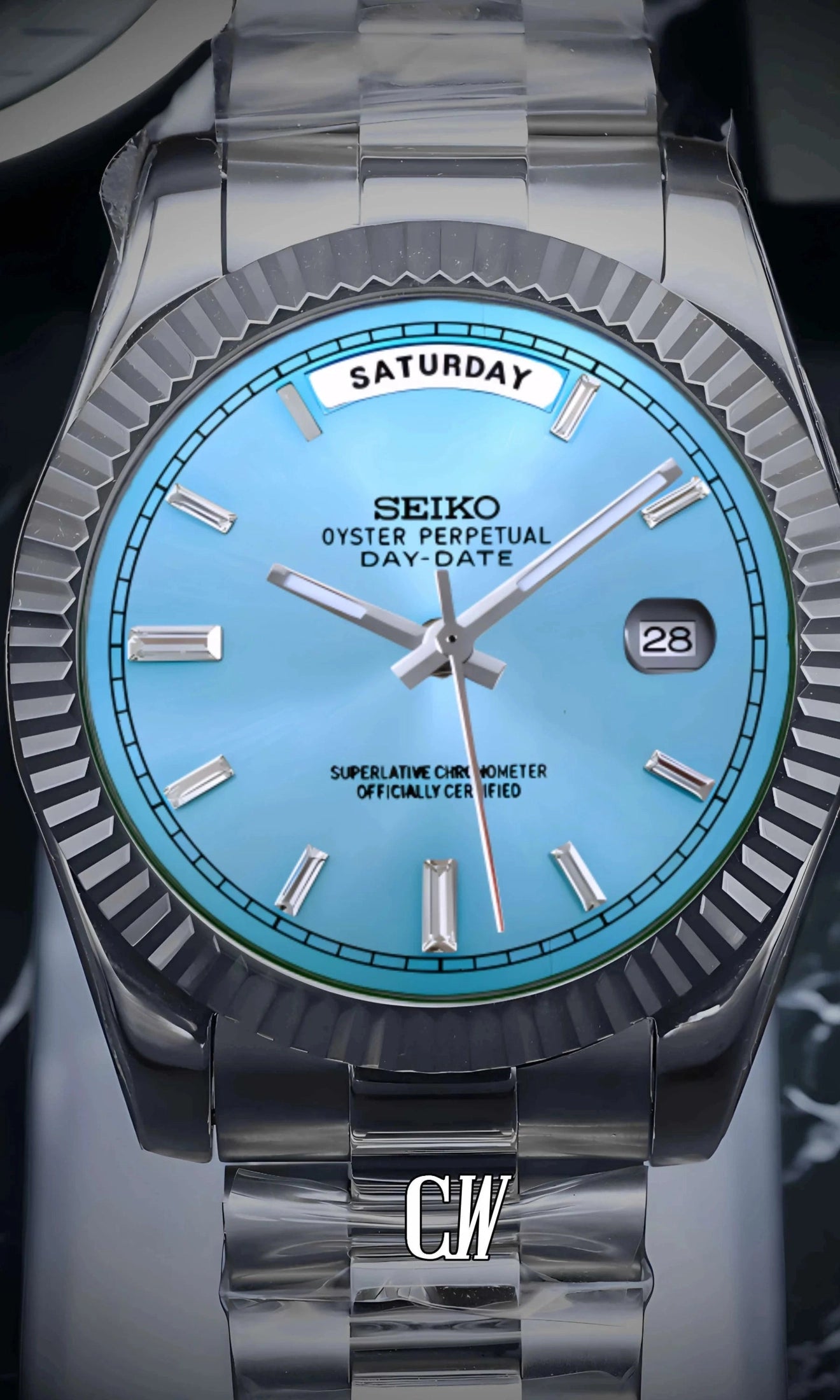 Seikojust mod daydate ice blue baguette automatic watch - Circa Watch Labs seiko mod