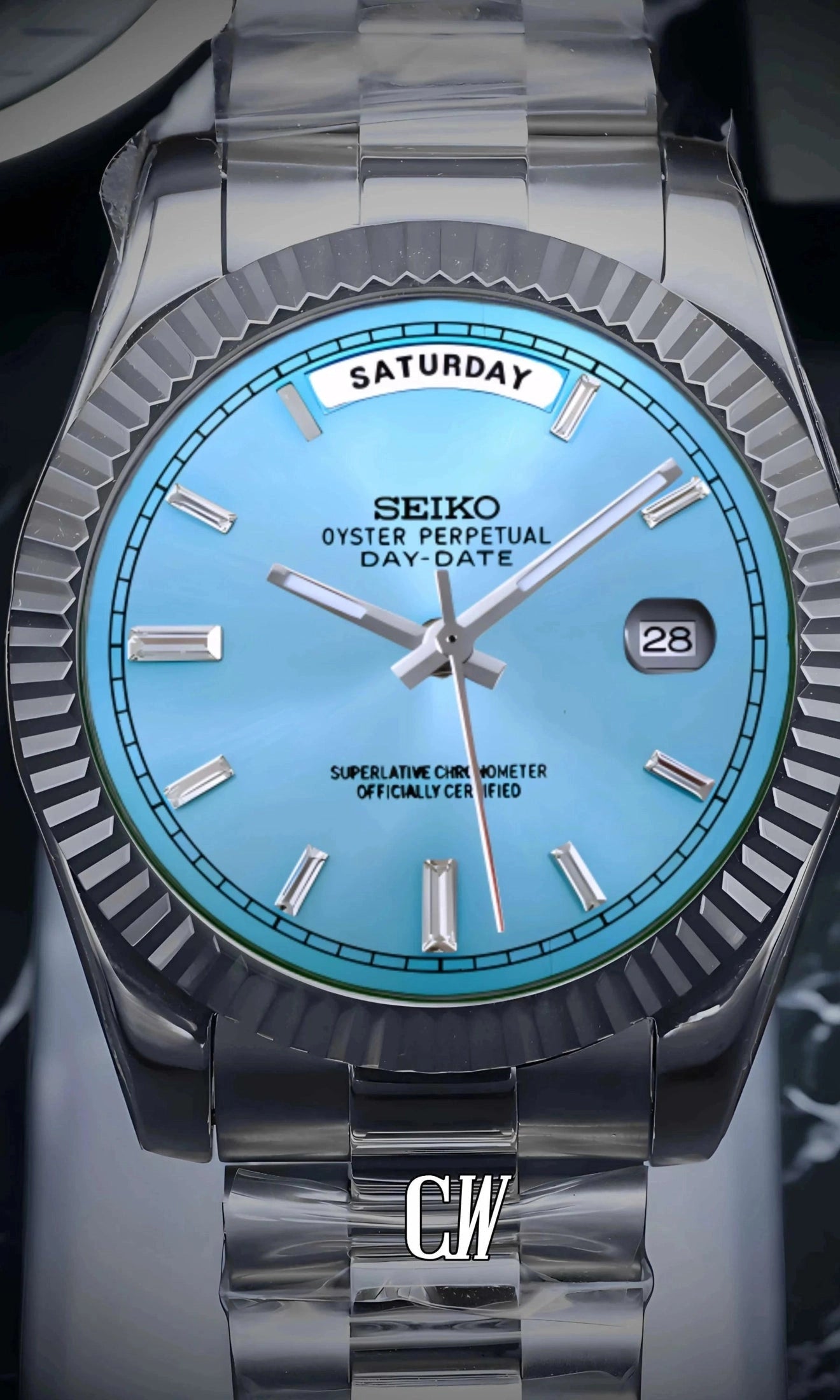 Seikojust mod daydate ice blue baguette automatic watch - Circa Watch Labs
