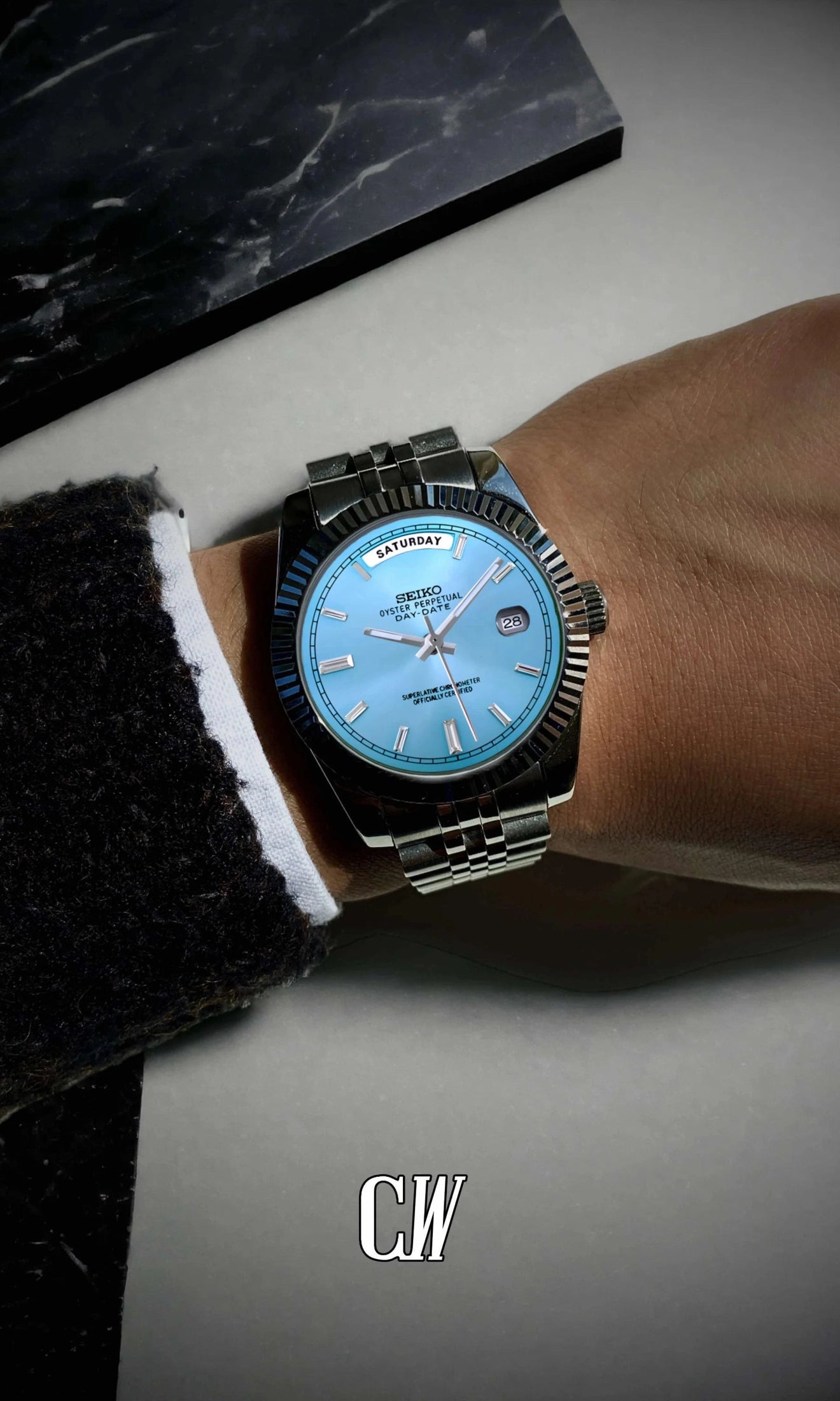 Seikojust mod daydate ice blue baguette automatic watch - Circa Watch Labs seiko mod