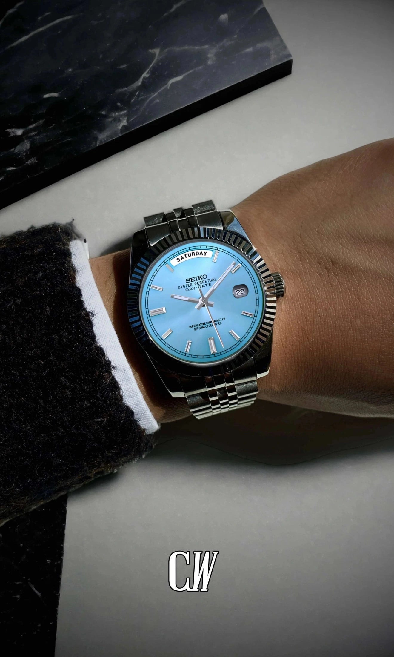 Seikojust mod daydate ice blue baguette automatic watch - Circa Watch Labs