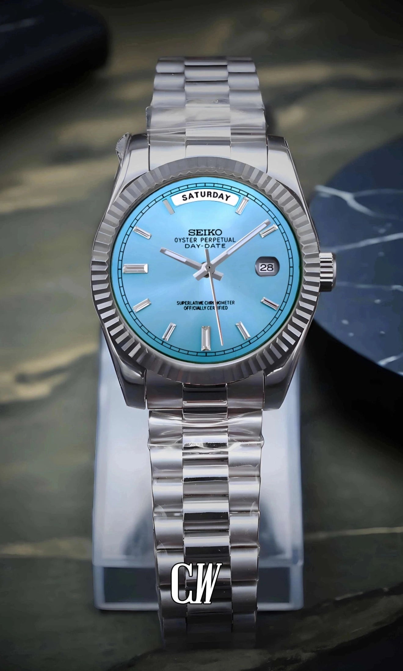 Seikojust mod daydate ice blue baguette automatic watch - Circa Watch Labs