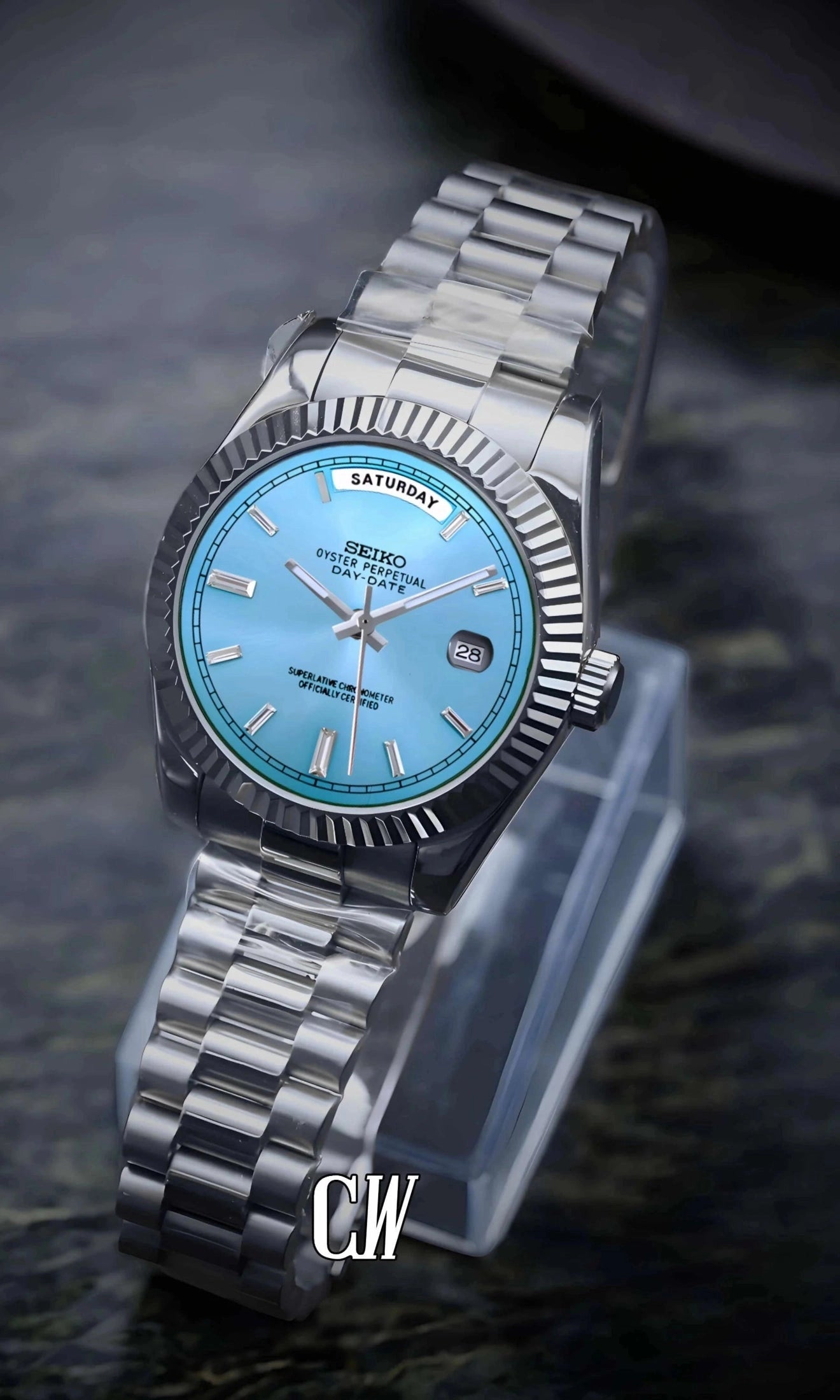 Seikojust mod daydate ice blue baguette automatic watch - Circa Watch Labs