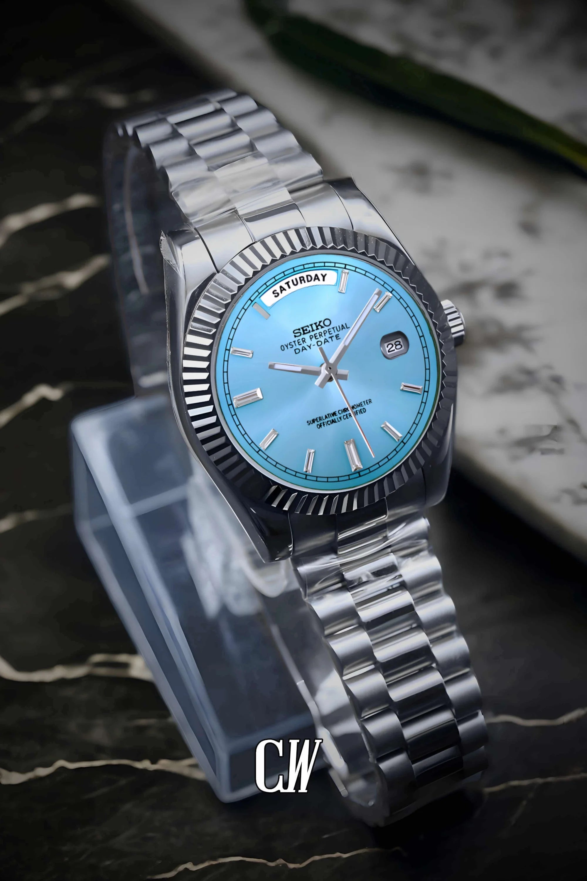Seikojust mod daydate ice blue baguette automatic watch - Circa Watch Labs