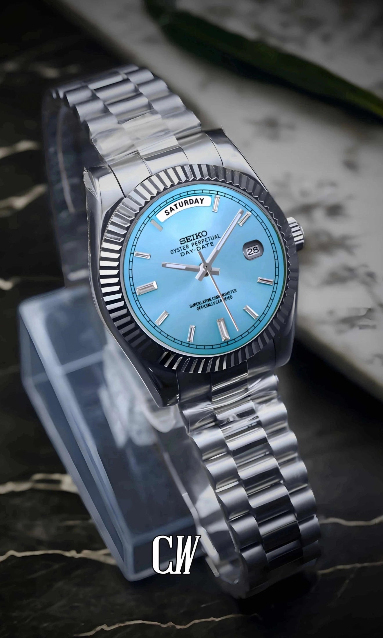 Seikojust mod daydate ice blue baguette automatic watch - Circa Watch Labs