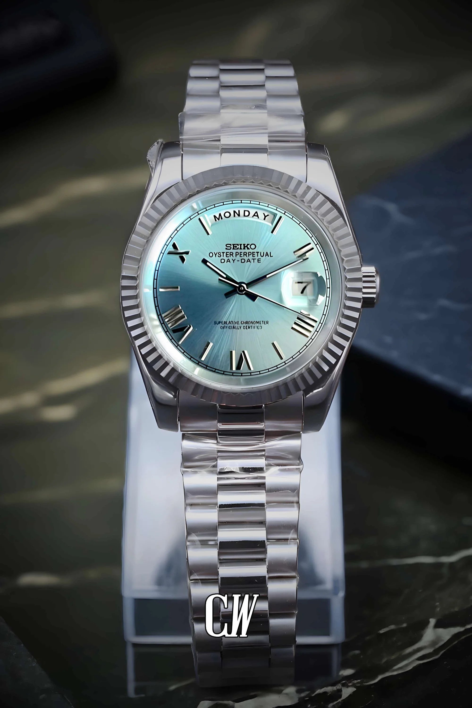 Seikojust mod daydate ice blue roman numeral automatic watch - Circa Watch Labs seiko mod