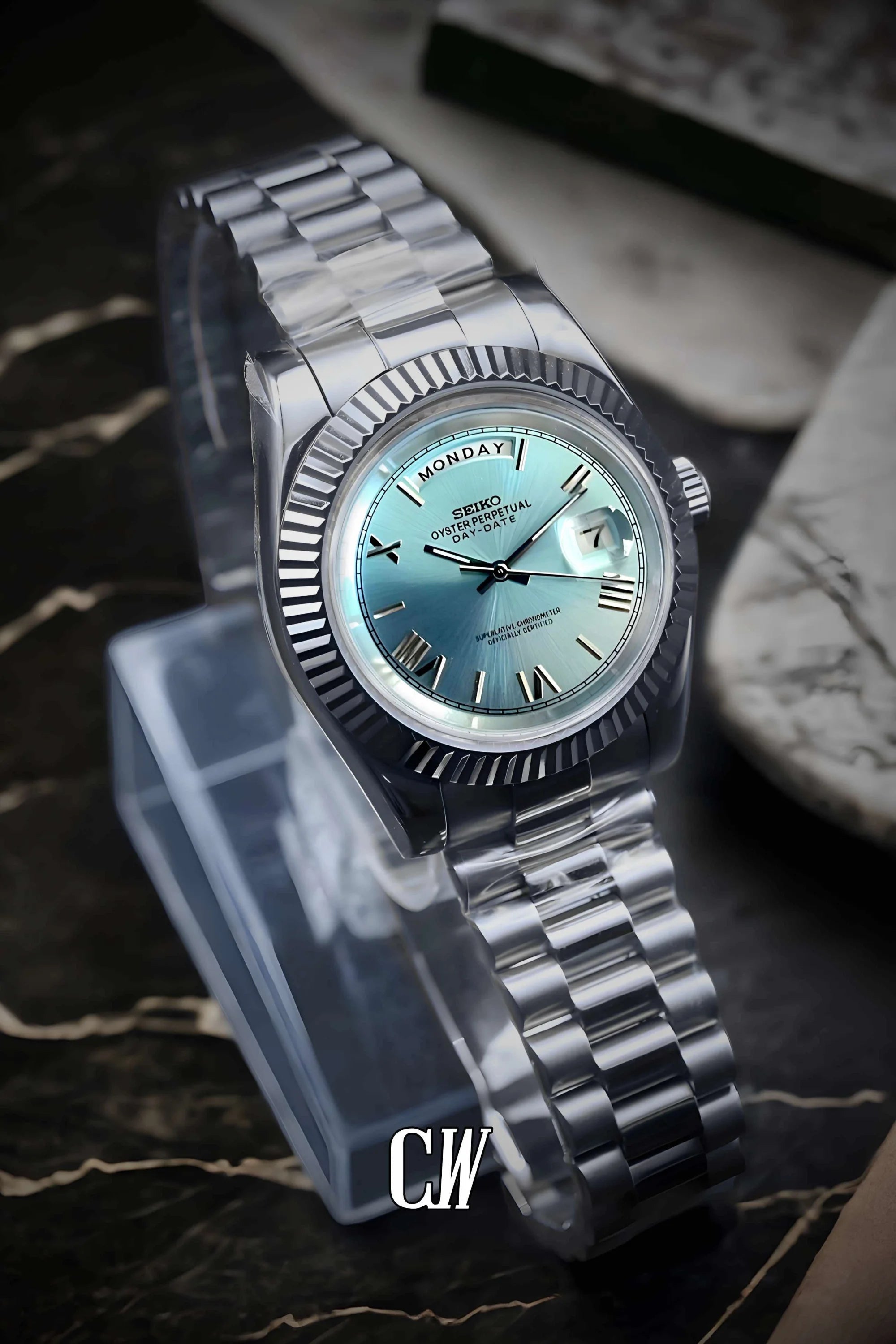 Seikojust mod daydate ice blue roman numeral automatic watch - Circa Watch Labs seiko mod