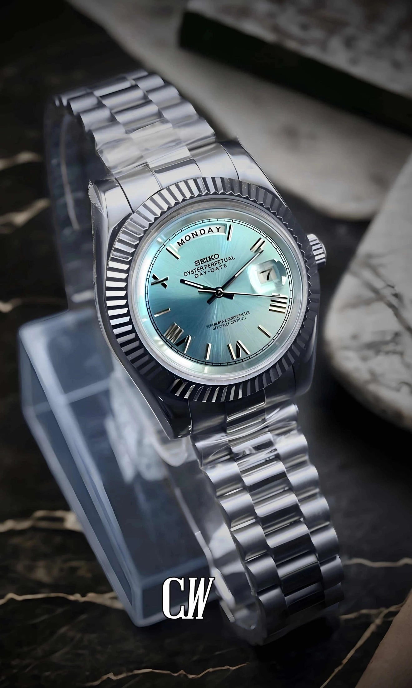 Seikojust mod daydate ice blue roman numeral automatic watch - Circa Watch Labs
