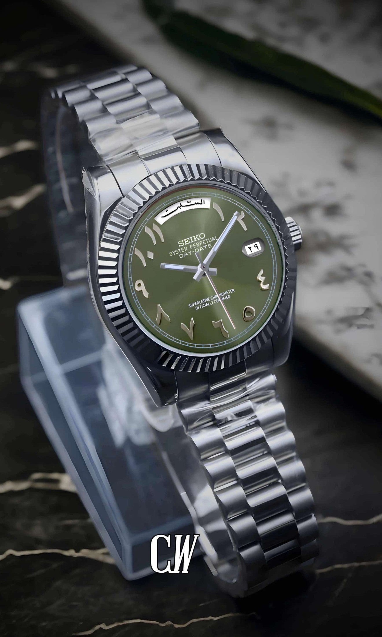 Seikojust mod daydate olive green arabic automatic watch - Circa Watch Labs