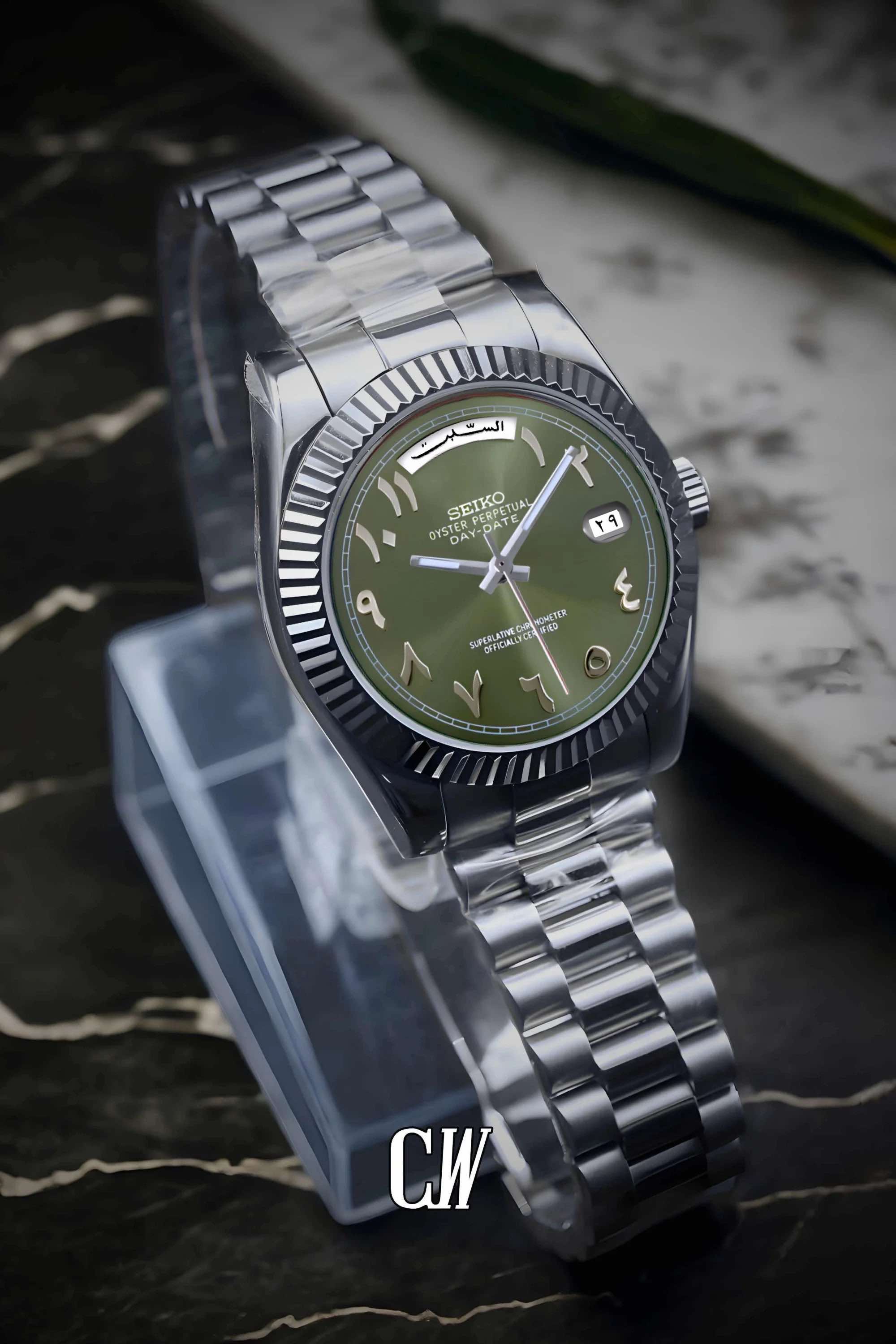 Seikojust mod daydate olive green arabic automatic watch - Circa Watch Labs
