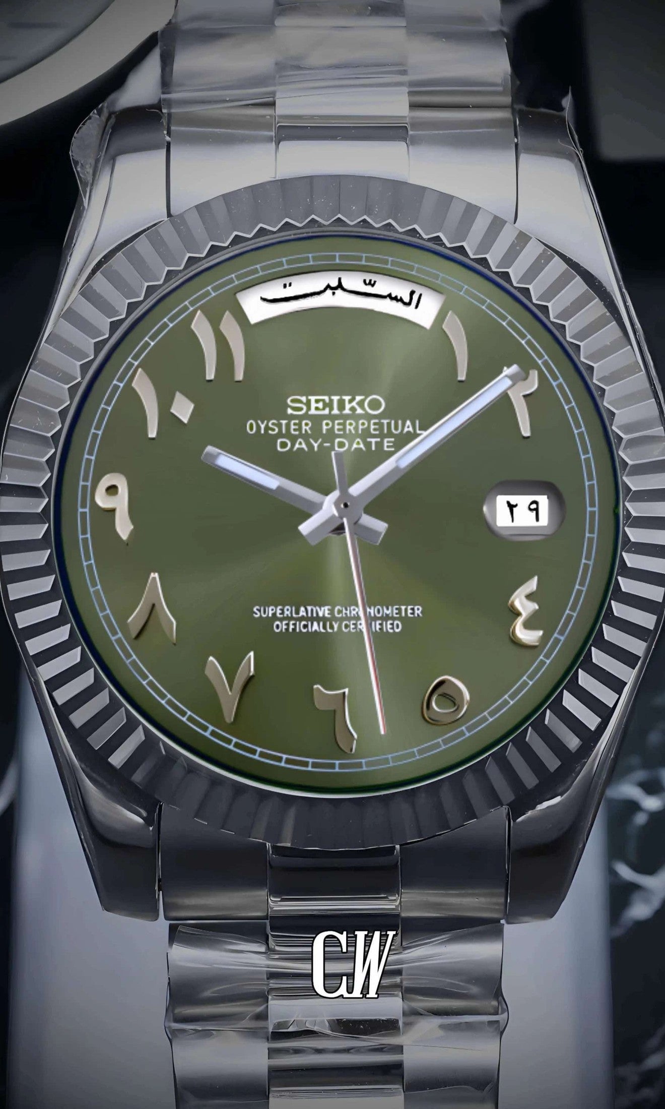 Seikojust mod daydate olive green arabic automatic watch - Circa Watch Labs