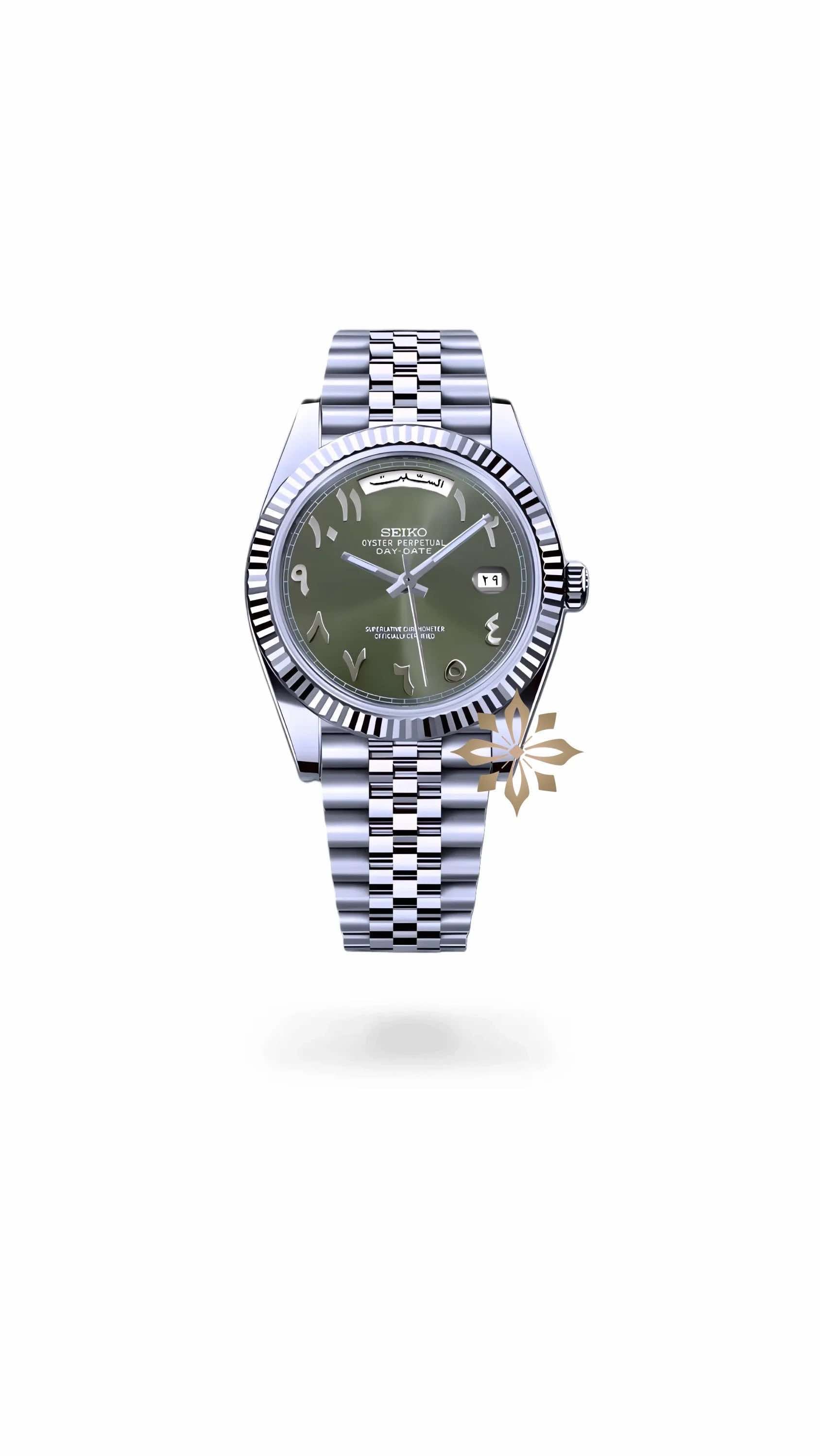 Seikojust mod daydate olive green arabic automatic watch - Circa Watch Labs