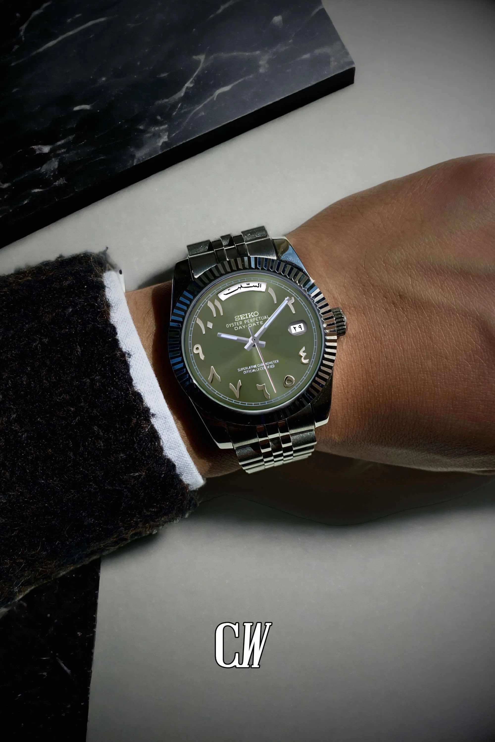 Seikojust mod daydate olive green arabic automatic watch - Circa Watch Labs seiko mod