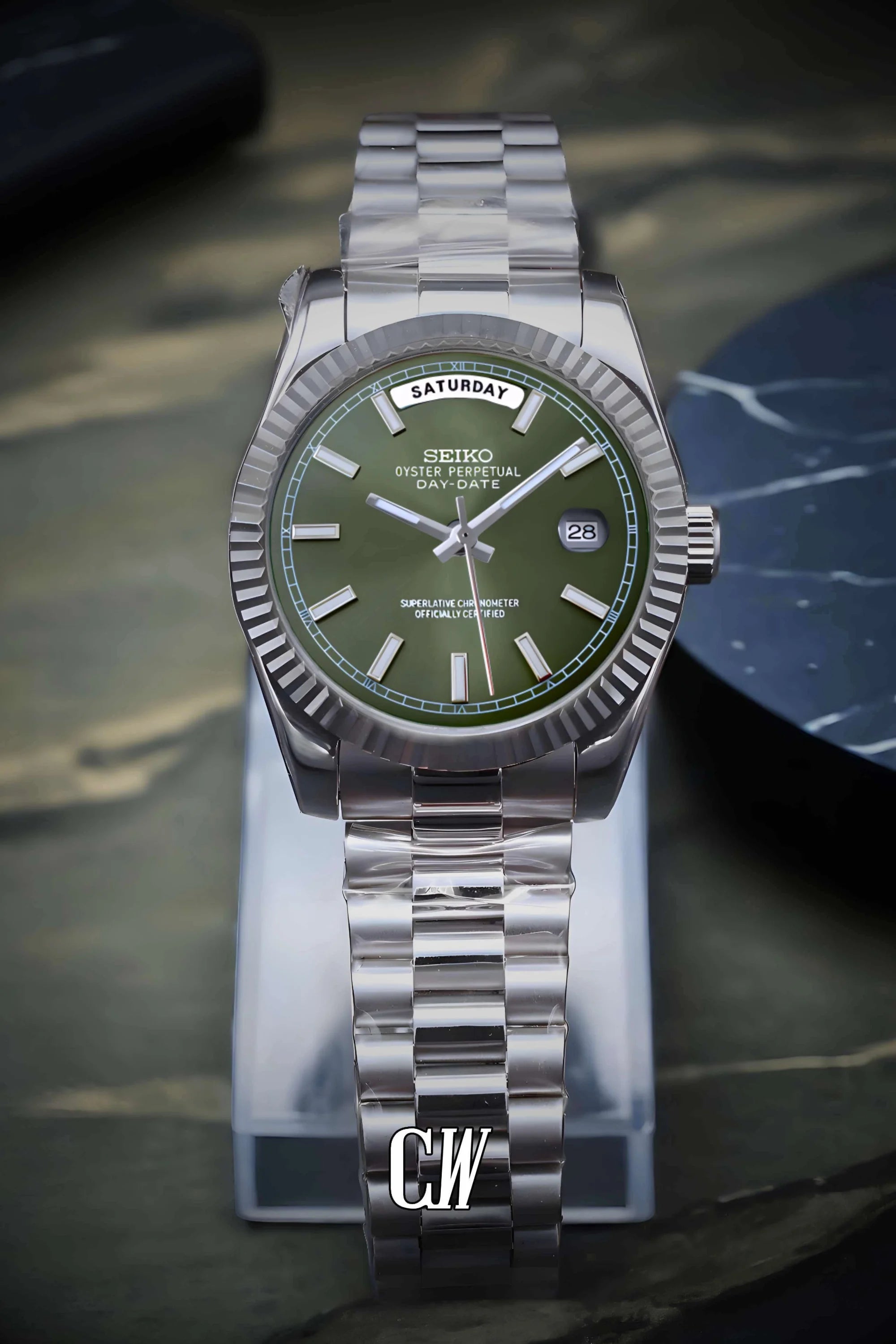Seikojust mod daydate olive green automatic watch - Circa Watch Labs