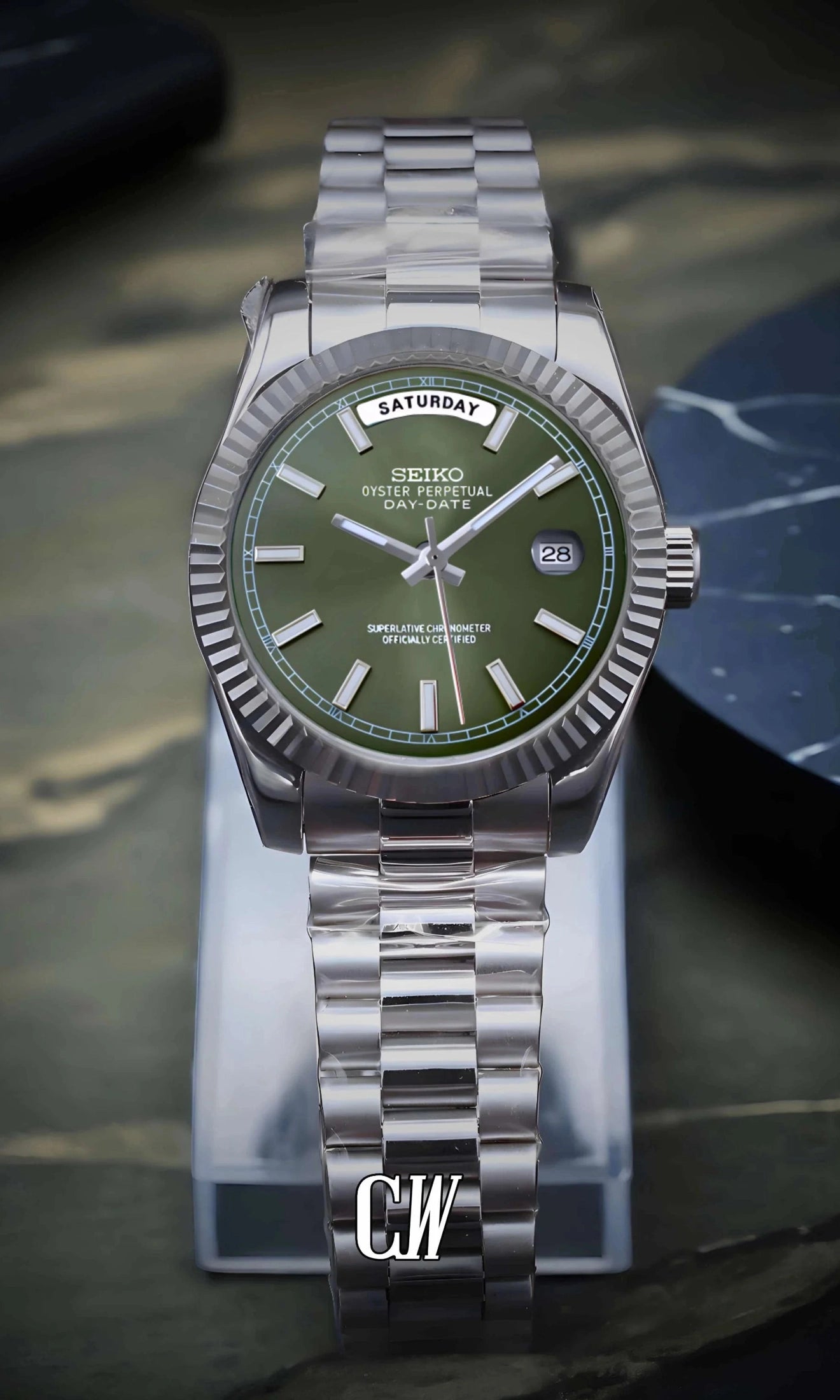 Seikojust mod daydate olive green automatic watch - Circa Watch Labs seiko mod