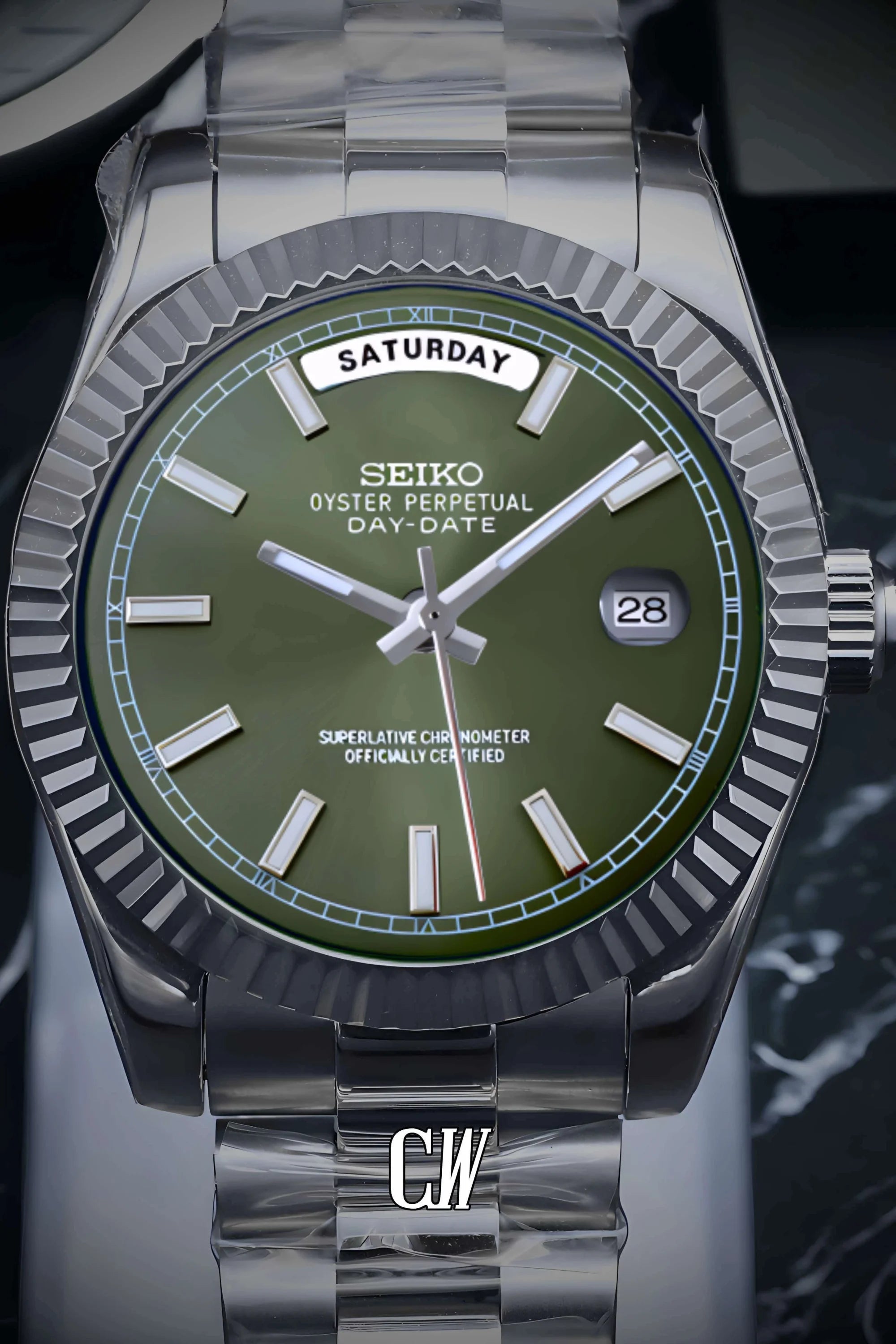 Seikojust mod daydate olive green automatic watch - Circa Watch Labs