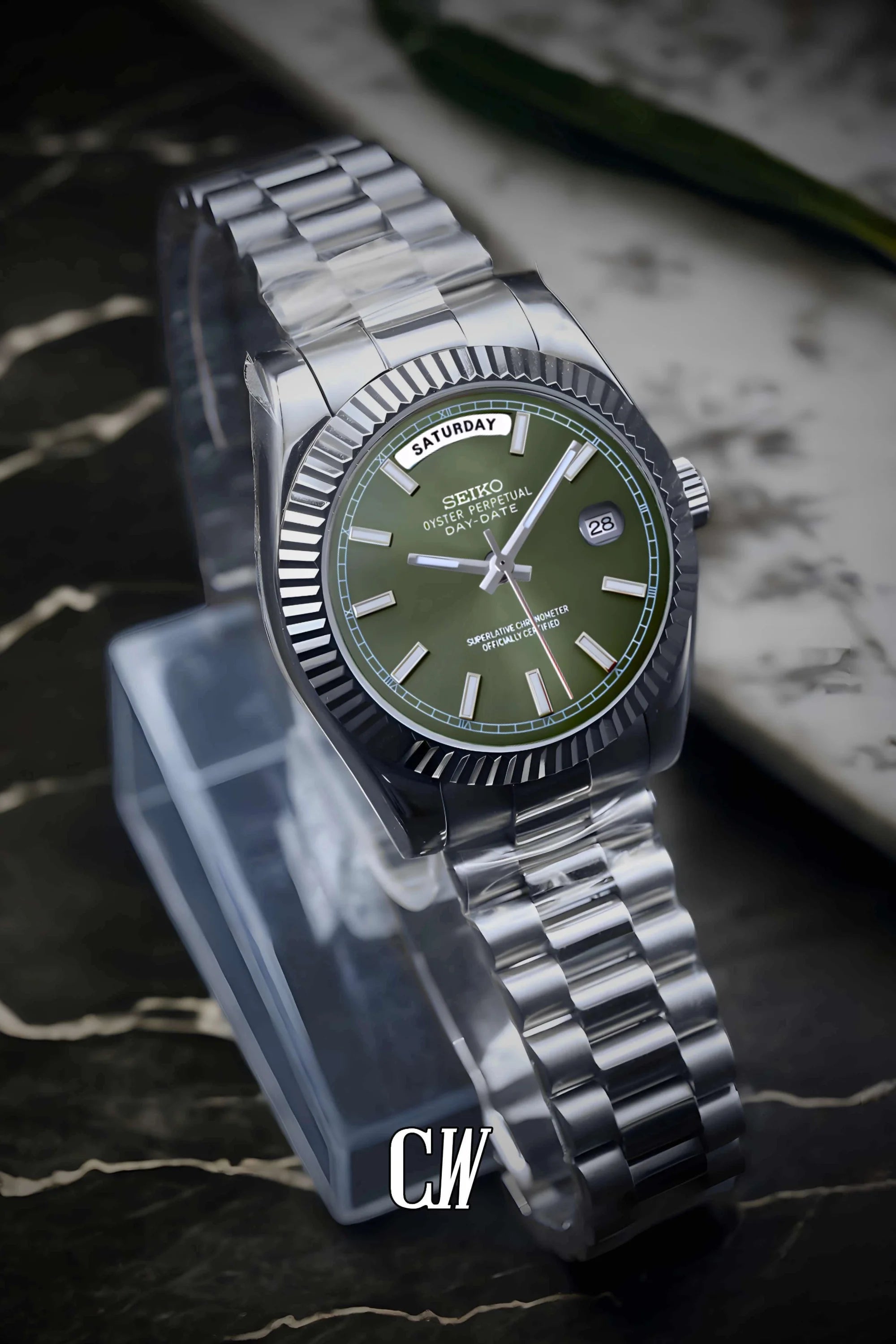 Seikojust mod daydate olive green automatic watch - Circa Watch Labs