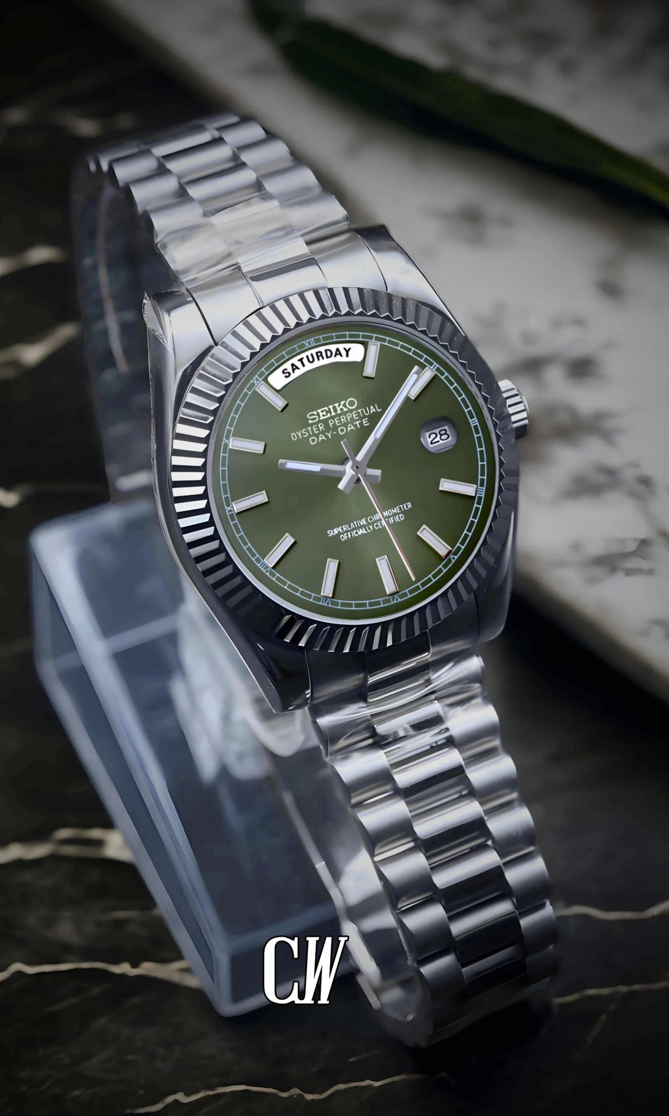 Seikojust mod daydate olive green automatic watch - Circa Watch Labs