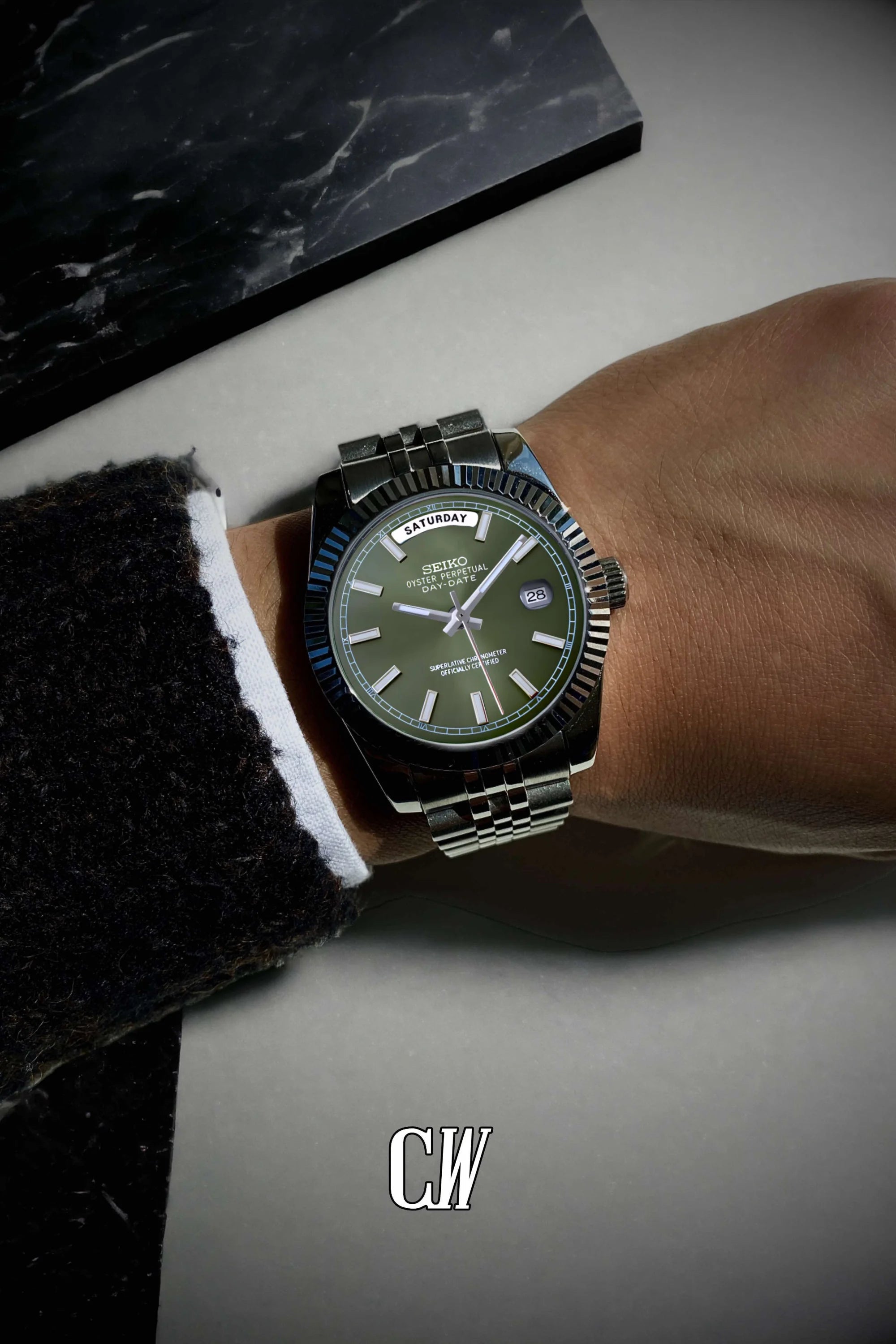 Seikojust mod daydate olive green automatic watch - Circa Watch Labs
