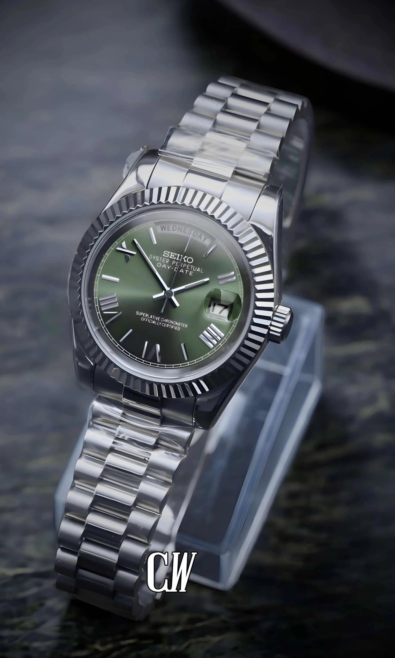 Seikojust mod daydate olive green roman automatic watch - Circa Watch Labs