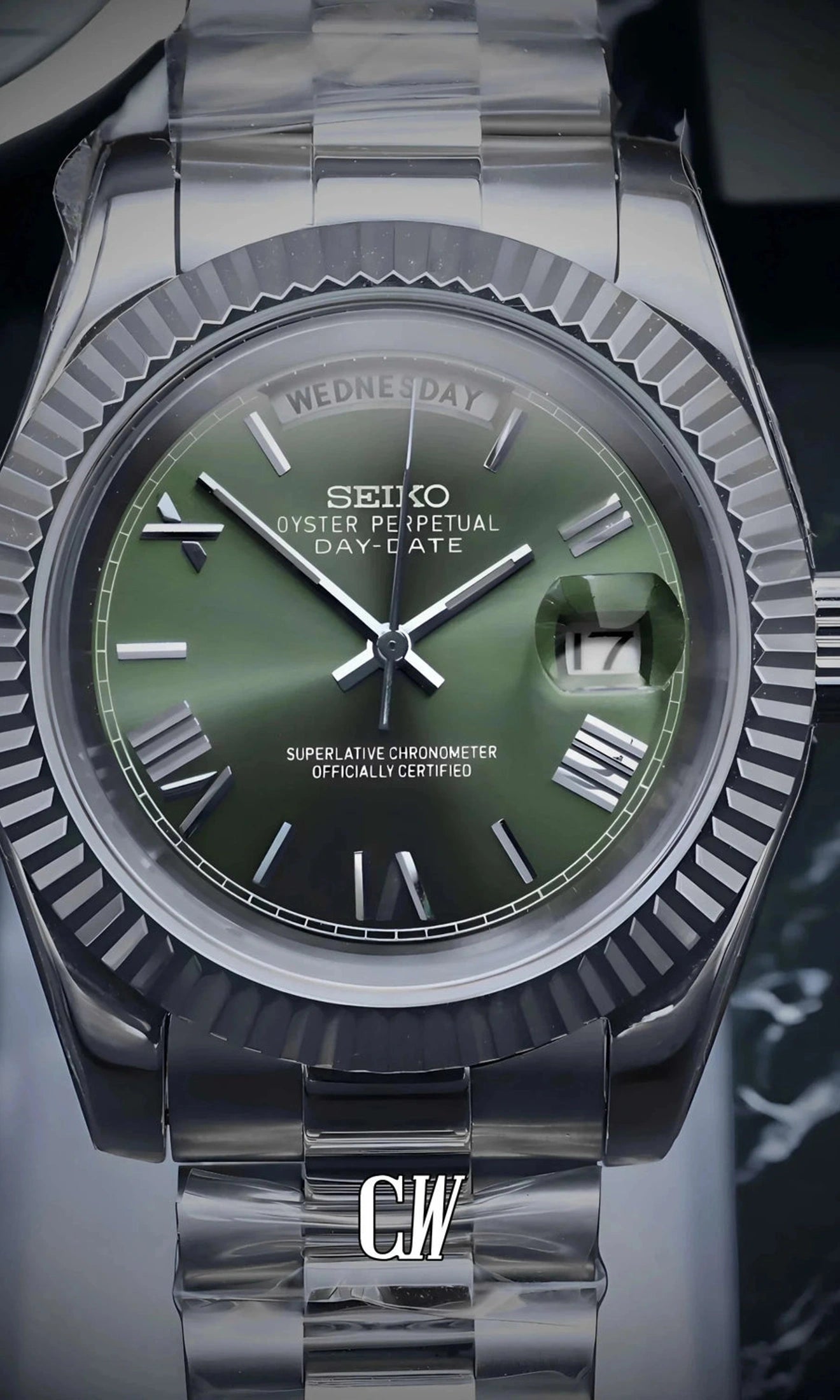 Seikojust mod daydate olive green roman automatic watch - Circa Watch Labs